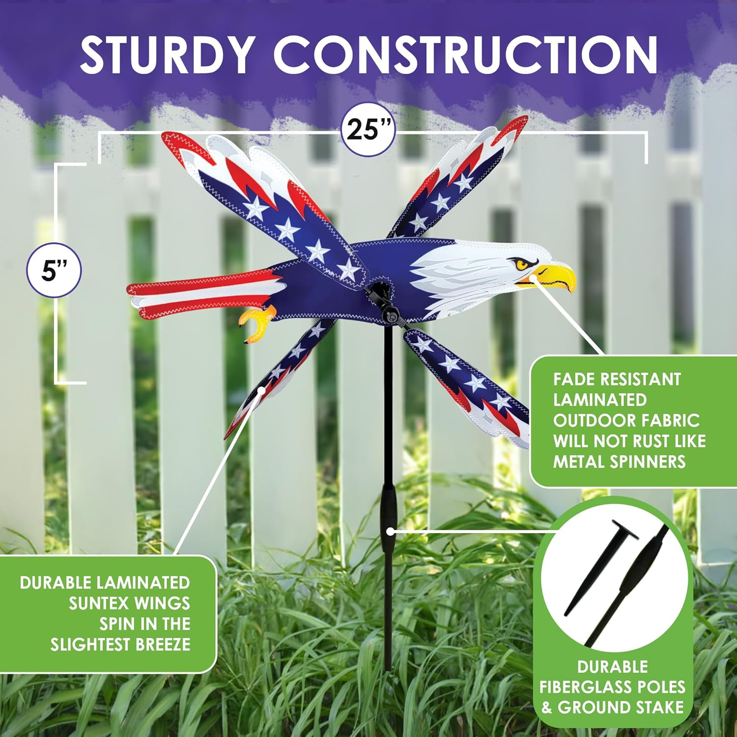 Whirligig Spinner Patriotic Eagle 25" – Bold American-Themed Design, Weather-Resistant Outdoor Decor, Durable & Lightweight for Patios, Yards, and Gardens - Eye-Catching Wind Spinner