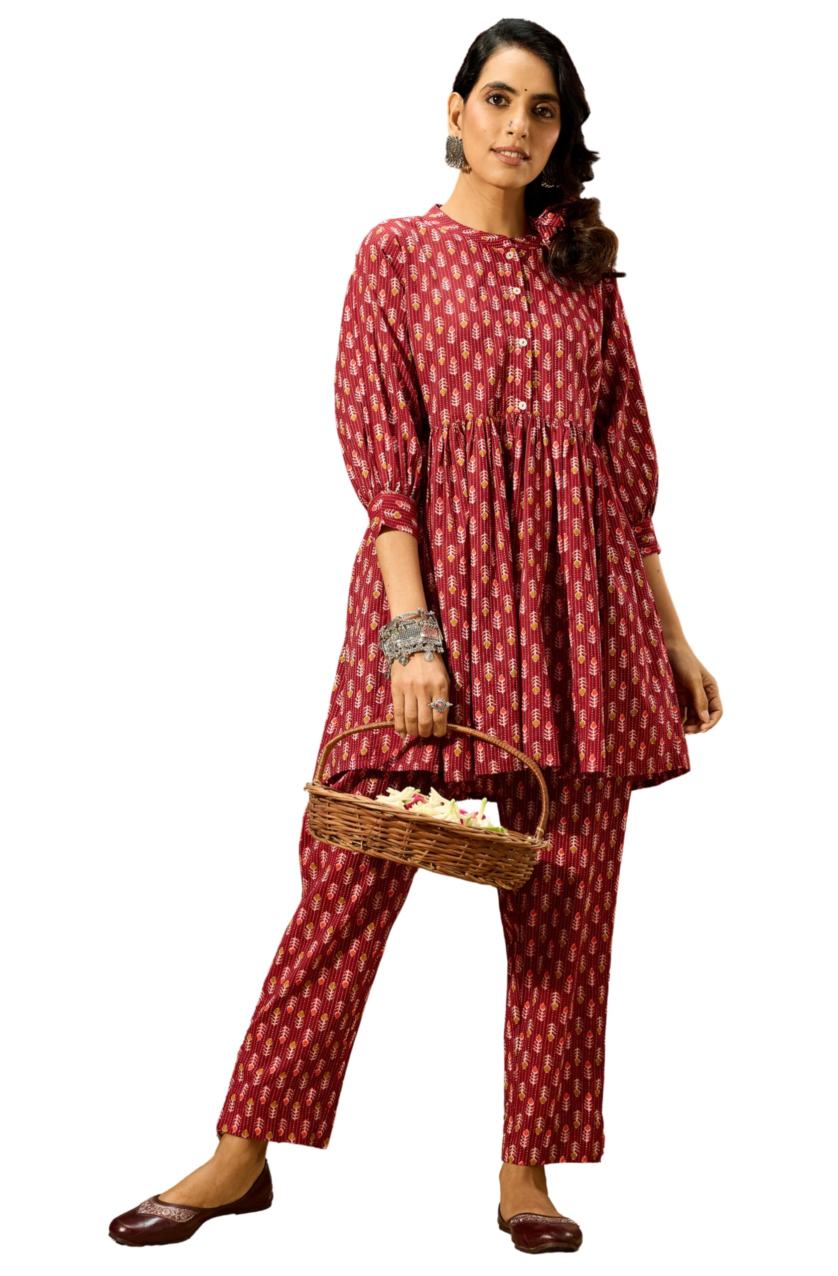 Women's Maroon Pure Cotton Ethnic Motifs Printed Peplum Co-ord Set-image-21