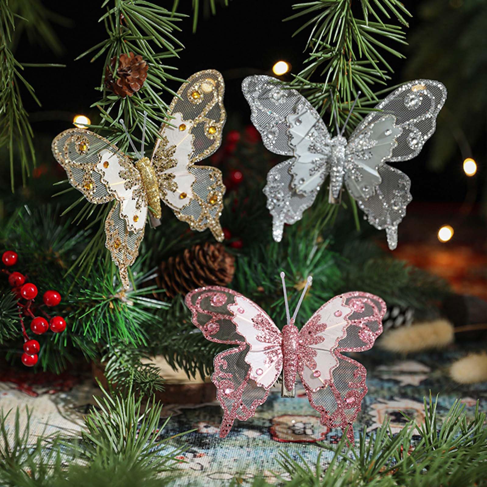 10 Décorations Papillon à Paillettes Avec Clips Pour Sapin De Noël - Plastique Coloré, Design Creux - 18,5 Cm - Multi-Couleurs
