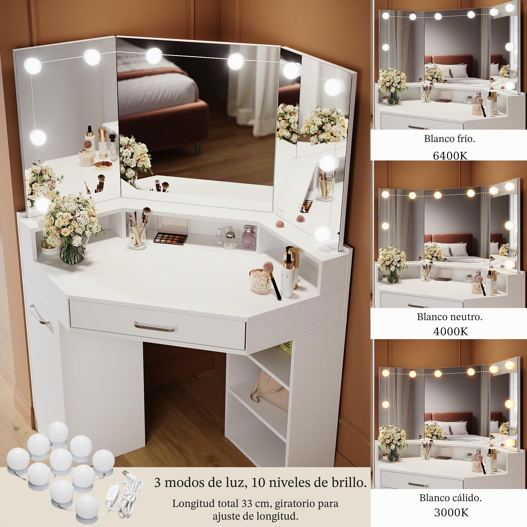 Tocador esquinero con espejo plegable, 110 x 54 x 141,5 cm, iluminación, 3 modos de luz, brillo ajustable, tocador con cajones y compartimento abierto, color blanco