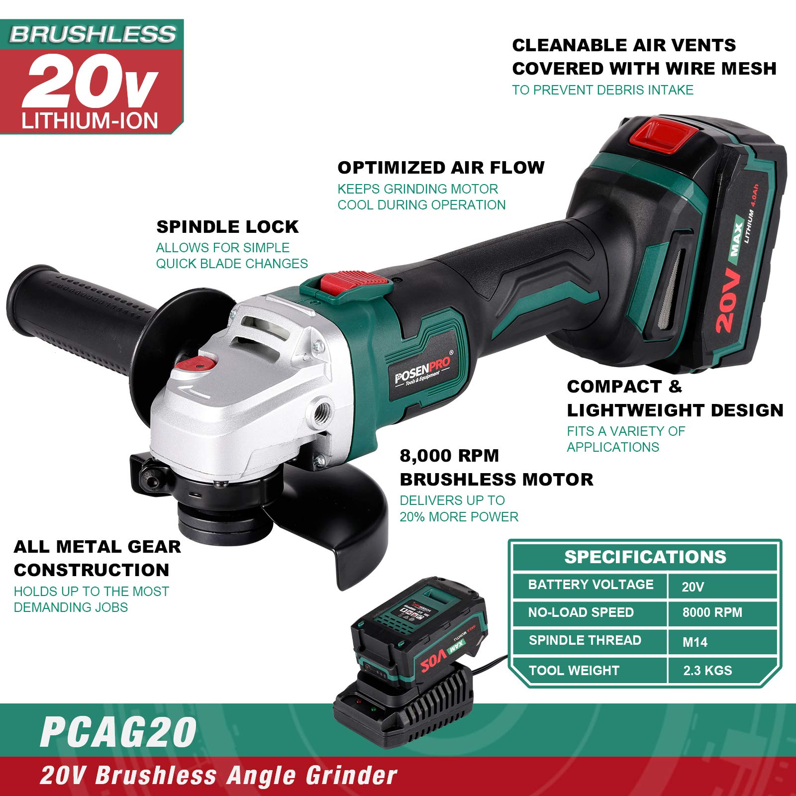 Amoladora Angular a Batería 125mm, POSENPRO Amoladora Angular 20V con Batería 4.0Ah y Cargador, Motor sin escobillas 8000RPM, para Cortar Pulido Azulejo de Cerámica Madera Piedra Acero