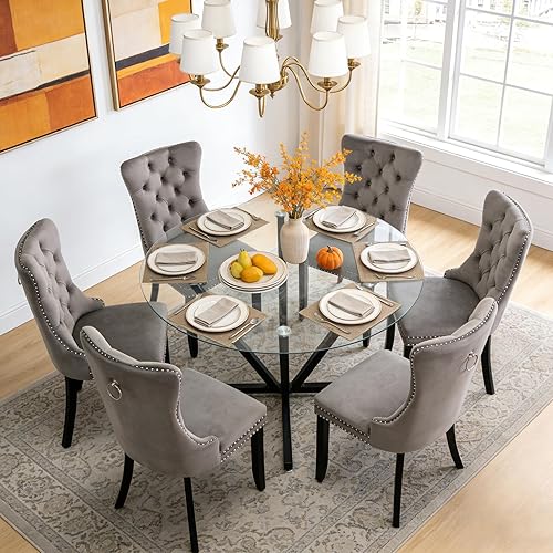 Miniatura 2 de Juego de mesa de comedor de cristal negro de lujo moderno de 45 pulgadas para 6, 7 piezas redondas de vidrio templado para cocina y comedor con Mesa