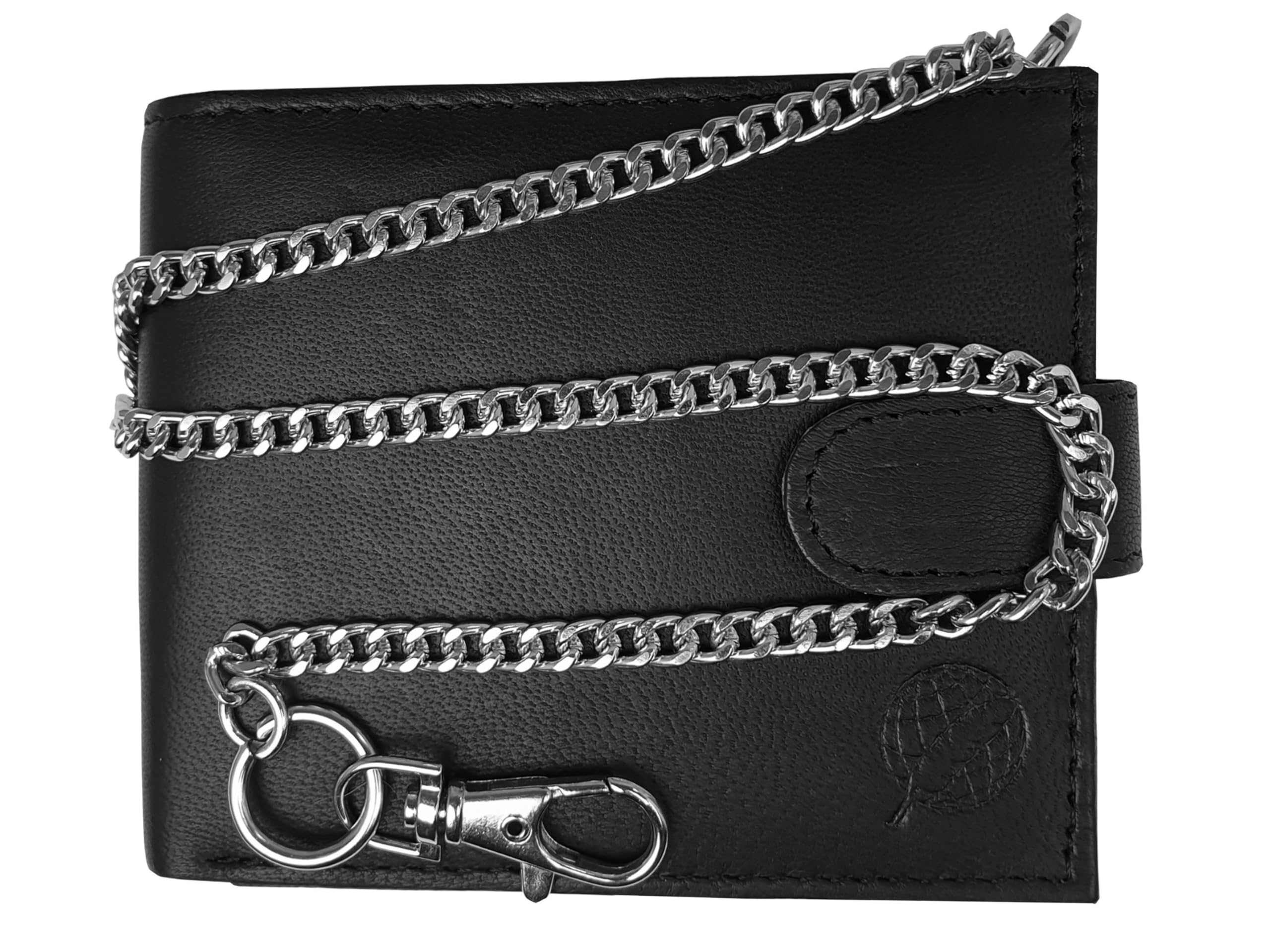 Mens Leather Wallet - 43cm Key Belt Chain - 4 Credit Card Slots - Buttoned Coin Pouch - 11 cm x9.5x2 RL506KA (Black Not R*F*I*D Blocking)