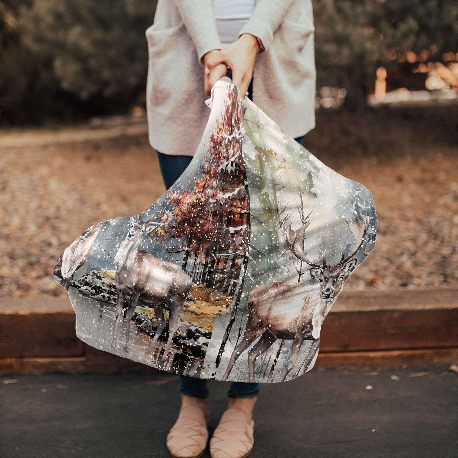 Nursing Cover for Breastfeeding Scarf, Merry Christmas Ink Painting Deer Forest Baby Car Covers Super Soft Multi Use for Canopy Shopping Cart Cover Blanket Stroller Cover