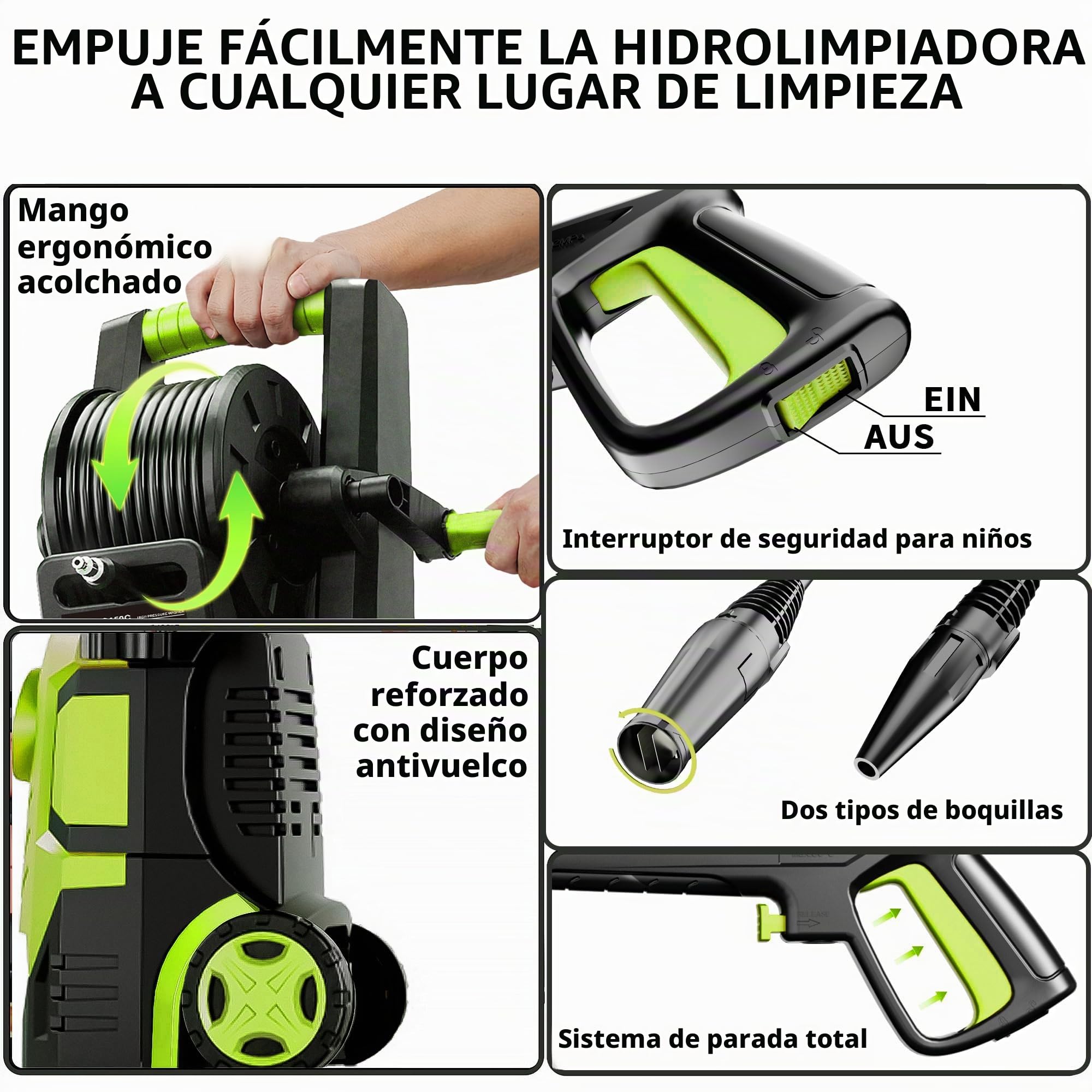 2026New Hidrolimpiadora 200 Bar Pantalla Táctil 8 Niveles, Caudal 280–500 l/h, Boquilla 6-in-1, 90 cm de Altura, 60 m²/h, con Manguera, Lanza y Depósito de Espuma 500 ml, Coche/Jardín/Hogar