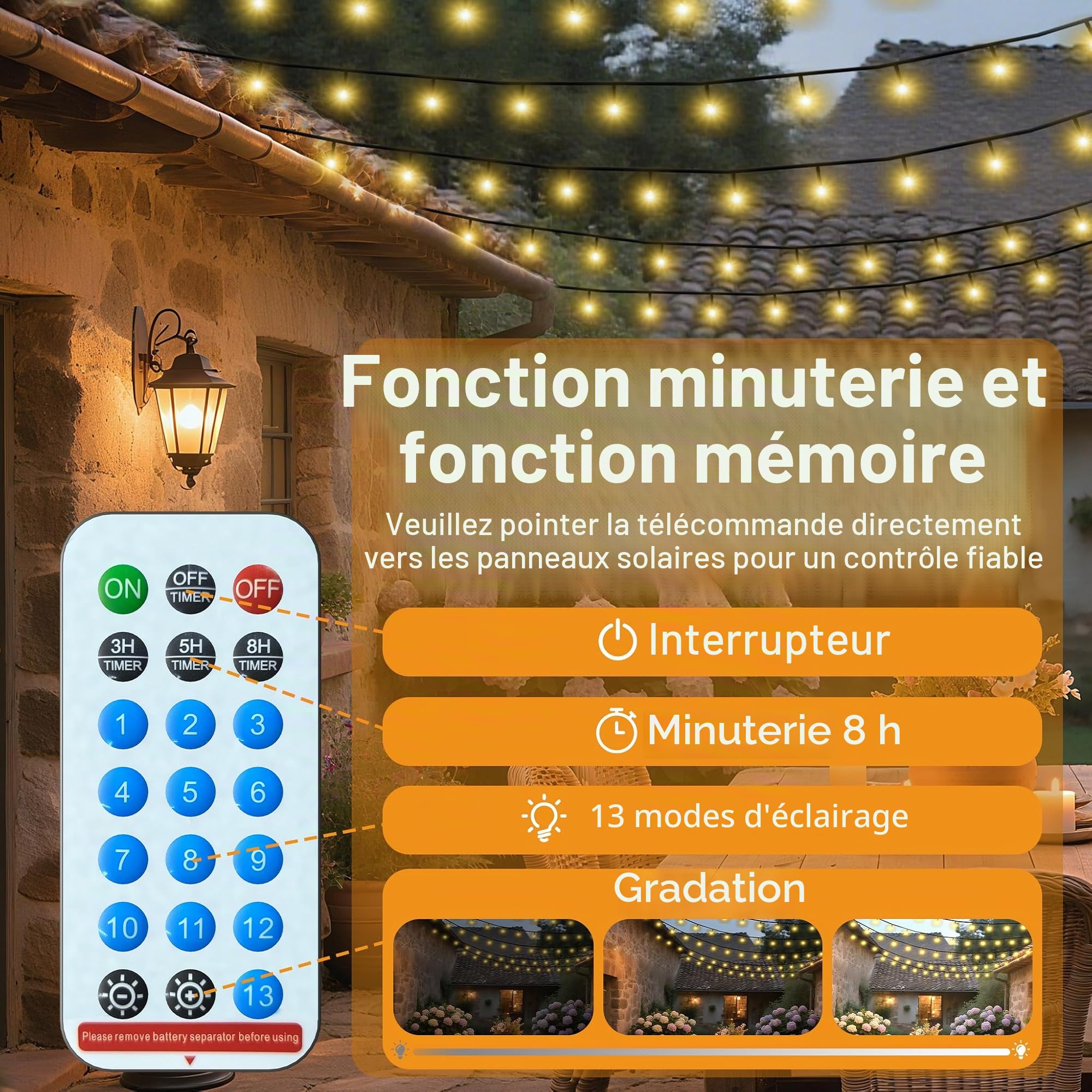 UISEBRT Guirlande lumineuse solaire d'extérieur de Noël 100 m 1000 LED blanc chaud, 8 modes et minuterie
