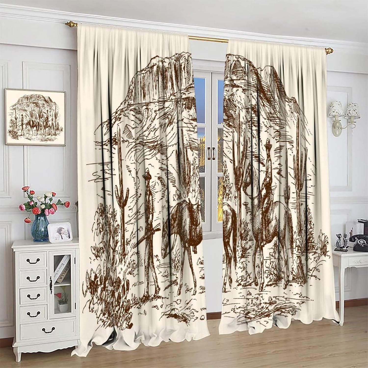 Vintage Western Cowboy Curtains Wild West Desert Cactus Country Rustic Farmhouse Horse Blackout Rod Pocket Drapes for Bedroom Living Room Decor Window Treatments 2 Panels Set 42x45 Inch