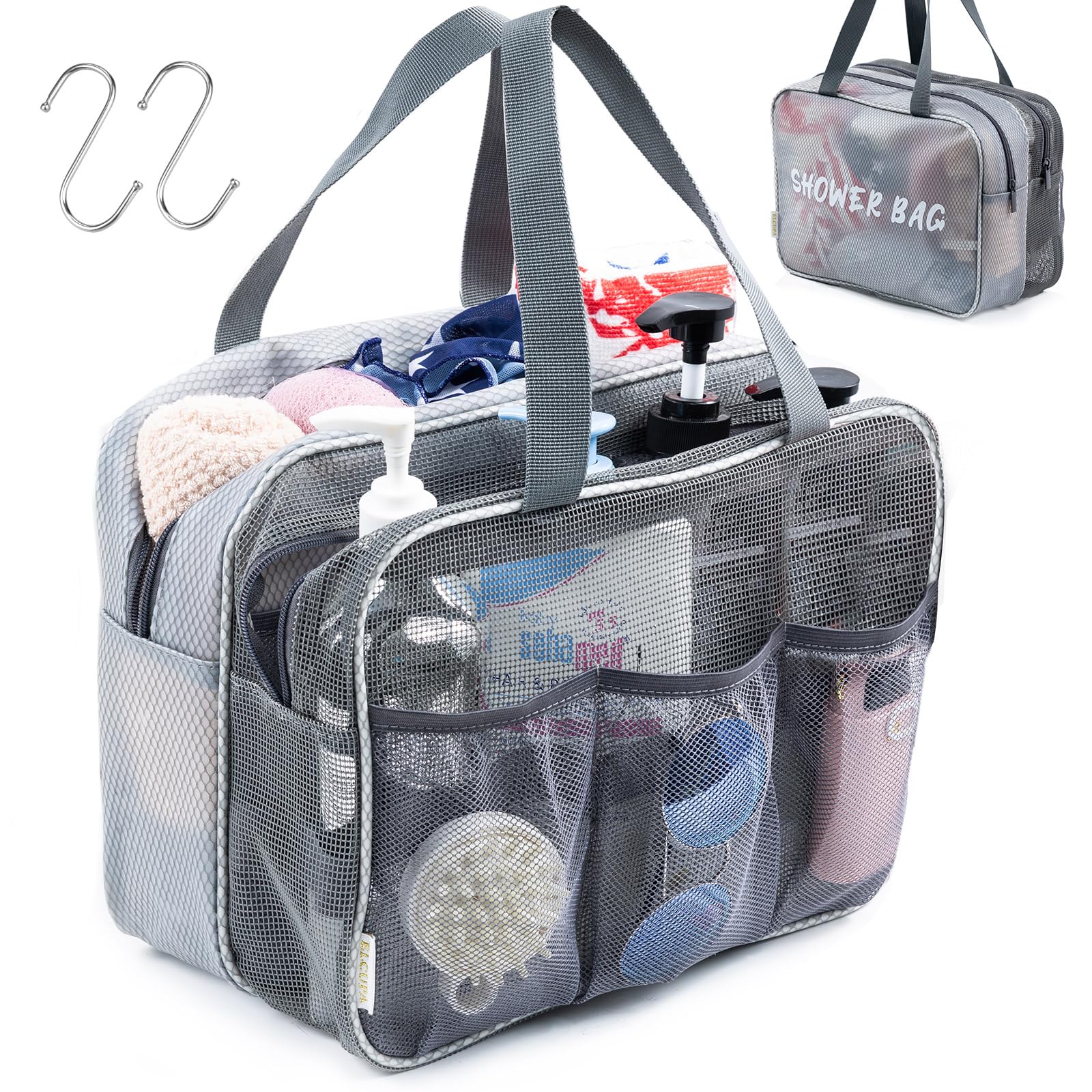 ELCUPA Large Mesh Shower Caddy with Wet Dry Zones Portable Hanging Toiletry Bag for College Dorm Room Essentials