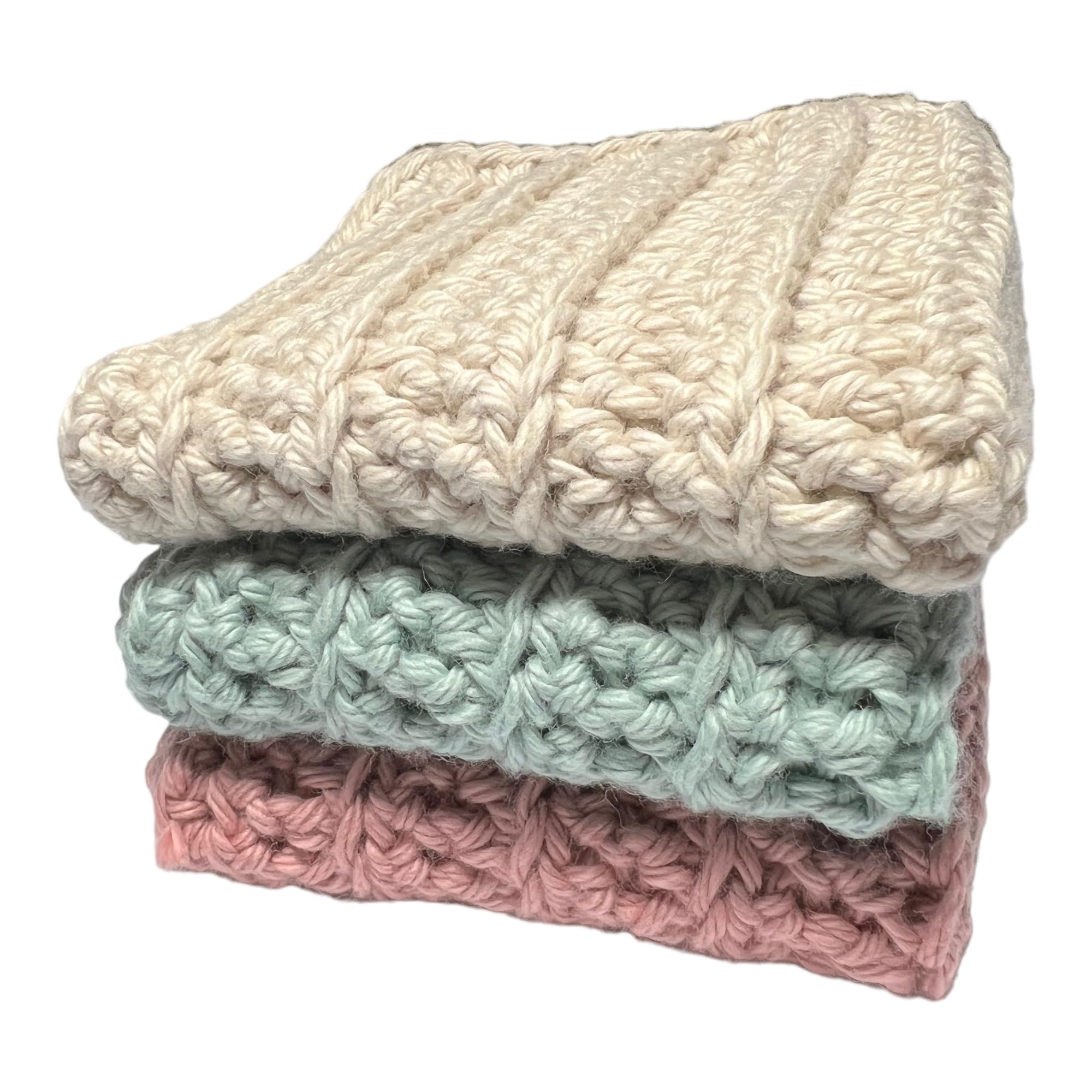 Handmade Crochet Washcloths, 100% cotton washcloths set of 3, Dish Towels, dish cloths, Baby wipes, Baby washcloths, Spa Cloths, Rose Pink, Sage and Linen Cotton Wash Cloths set of 3.