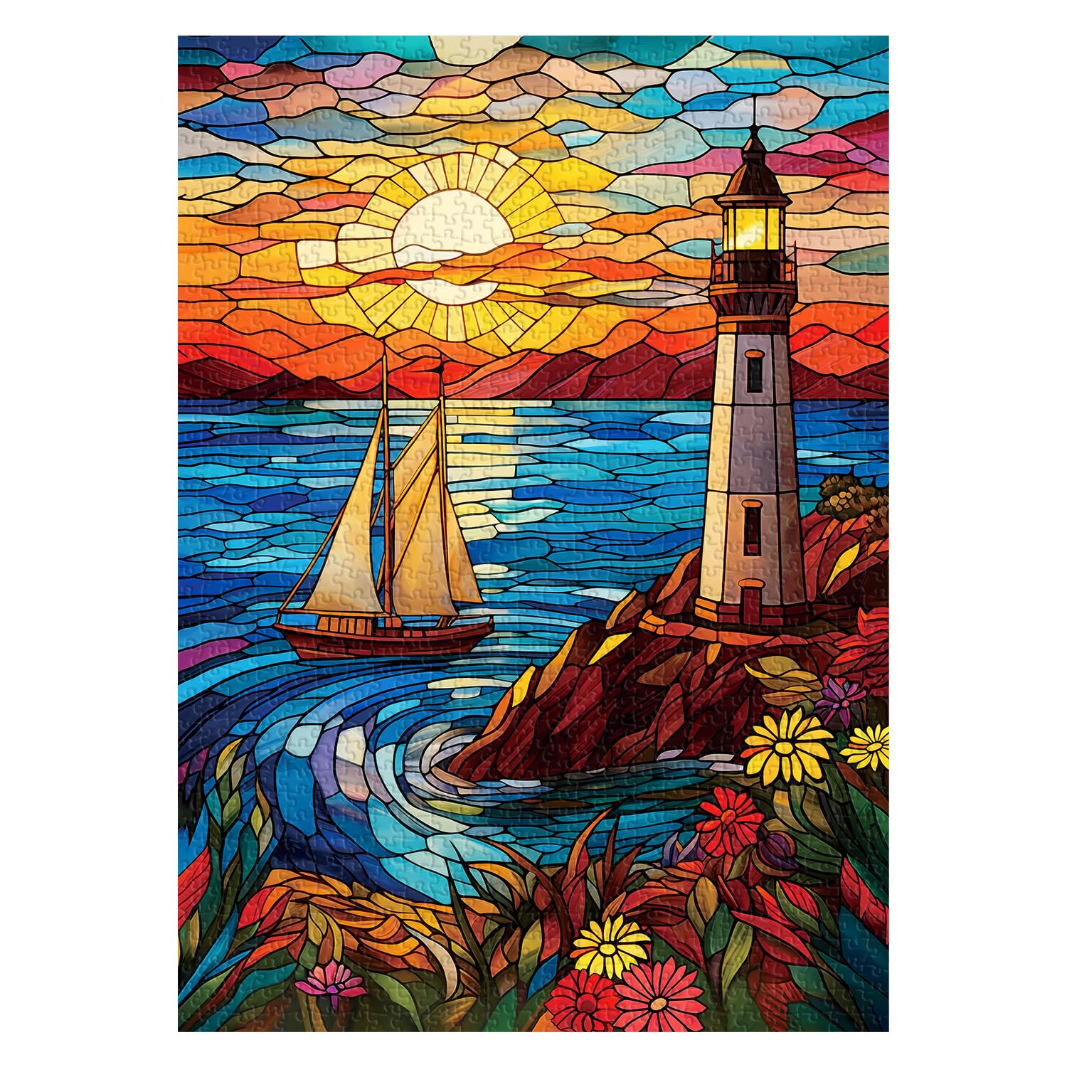 Stained Glass Lighthouse Puzzles for Adults 1000 Pieces, Sunset Beach Scene Mosaic Glass Jigsaw Puzzles, Seaside Flowers Sailboat Lighthous Art Puzzle