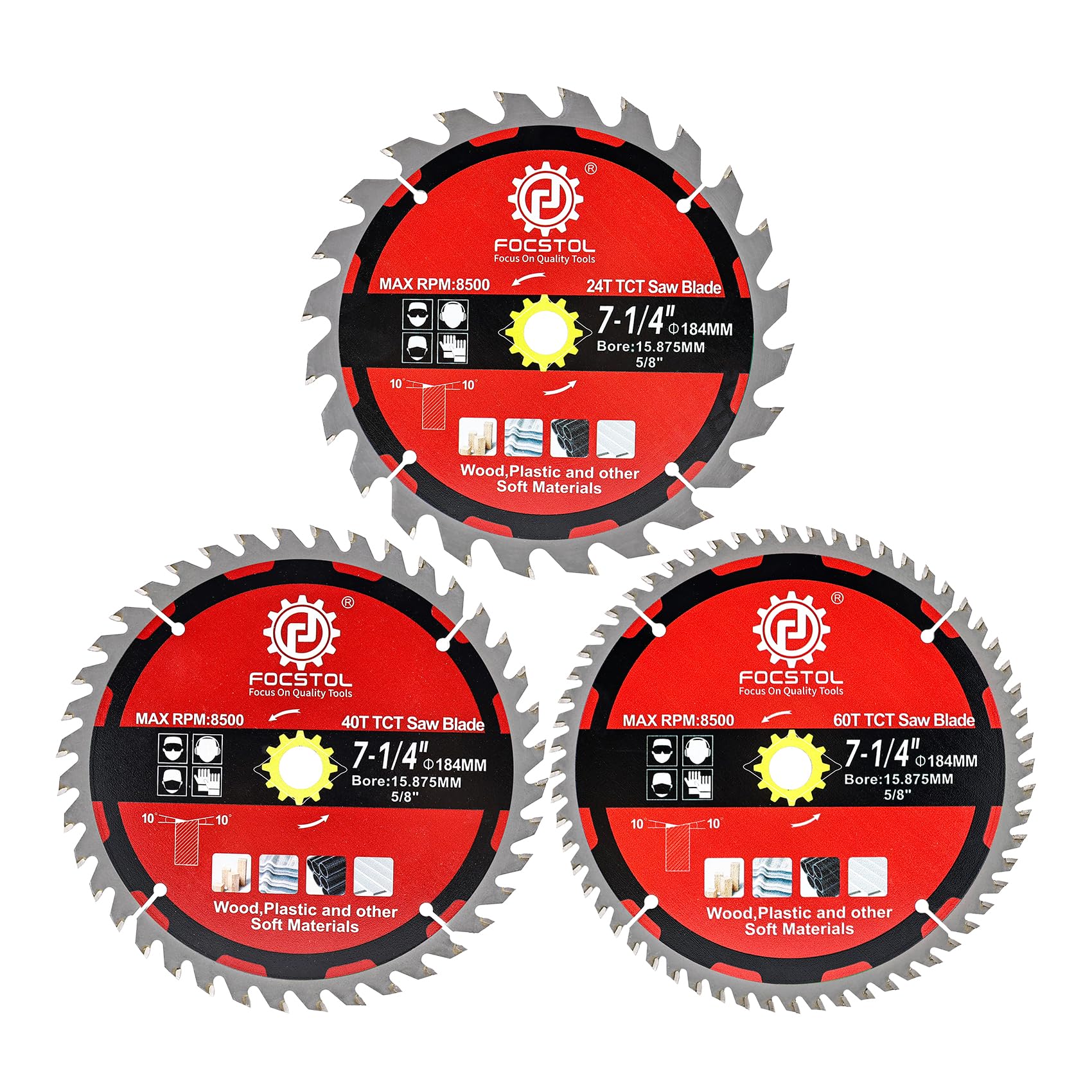FOCSTOL Wood Cutting Circular Saw Blade 184mm, 3pcs 24+40+60 Tooth TCT Cutting Blade for Cutting Wood Plywood, Particle Board