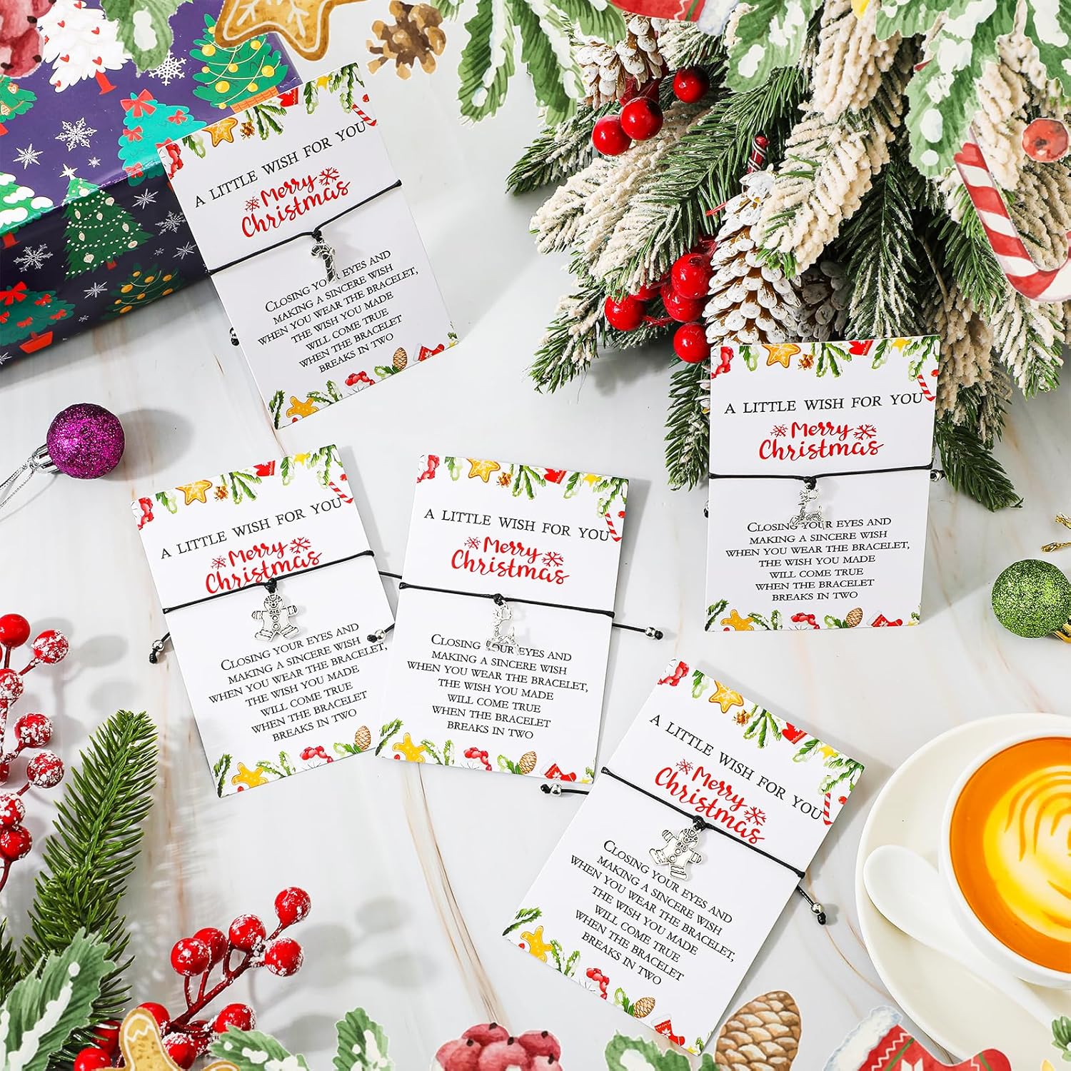 24 Sets Christmas Wish Bracelets for Women Candy Cane Adjustable Braided Wax Rope Elk Gingerbread Bracelets with Christmas Card for Friends Coworkers Gift - Image 4