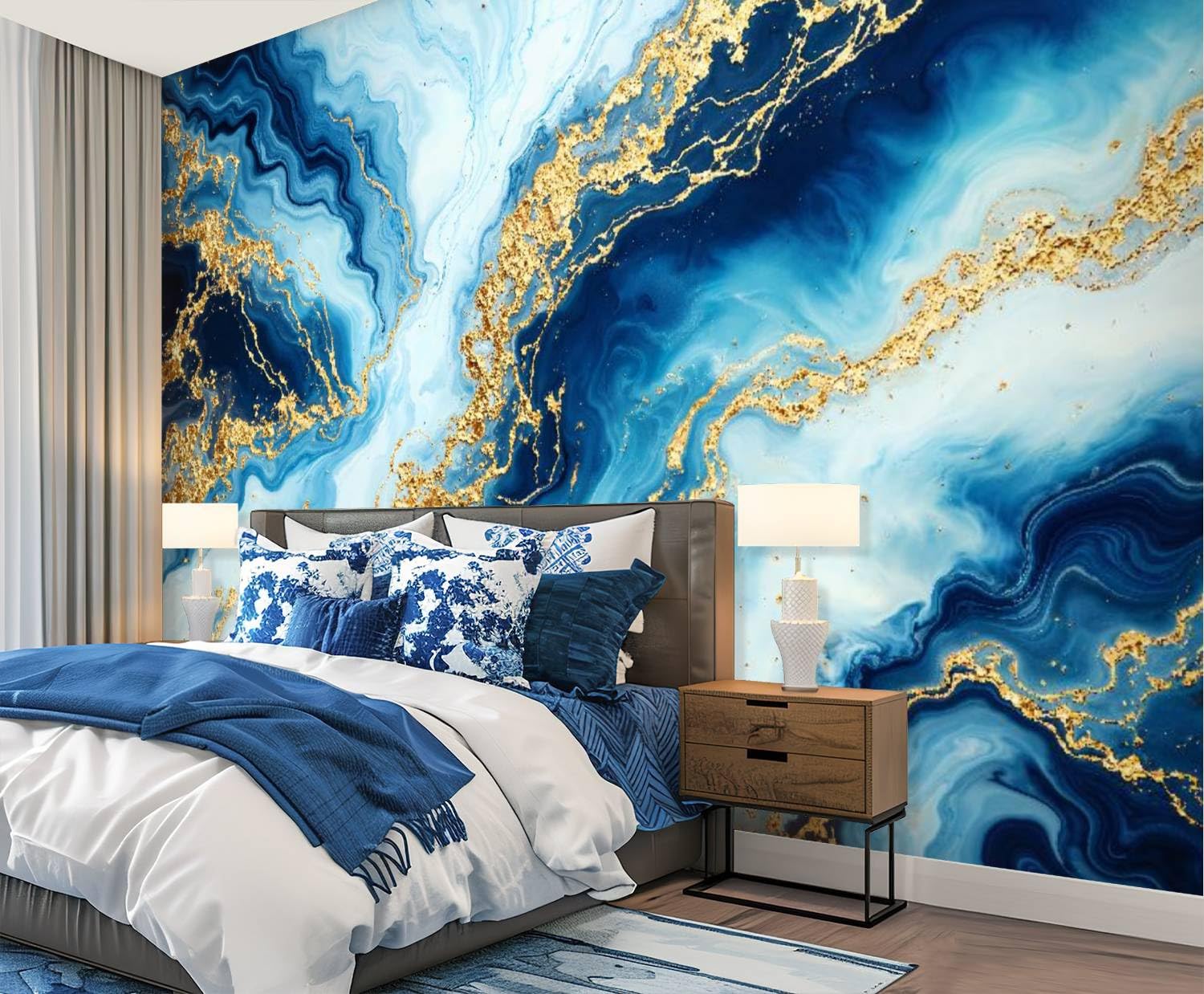 Blue Green Gold Marble Peel And Stick Wallpaper – Abstract Fluid Art Contact Paper, Self-Adhesive Removable Vinyl, 15.7x39.4 Inch Roll, For Walls & Furniture