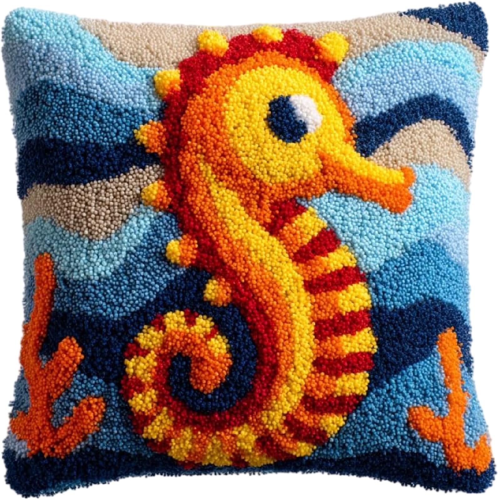 ZUHK Cartoon Animal Latch Hook Kit 17x17 Inch - Pre-Printed Canvas fit for Beginners, DIY Sofa Cushion Cover Craft (Seahorse)