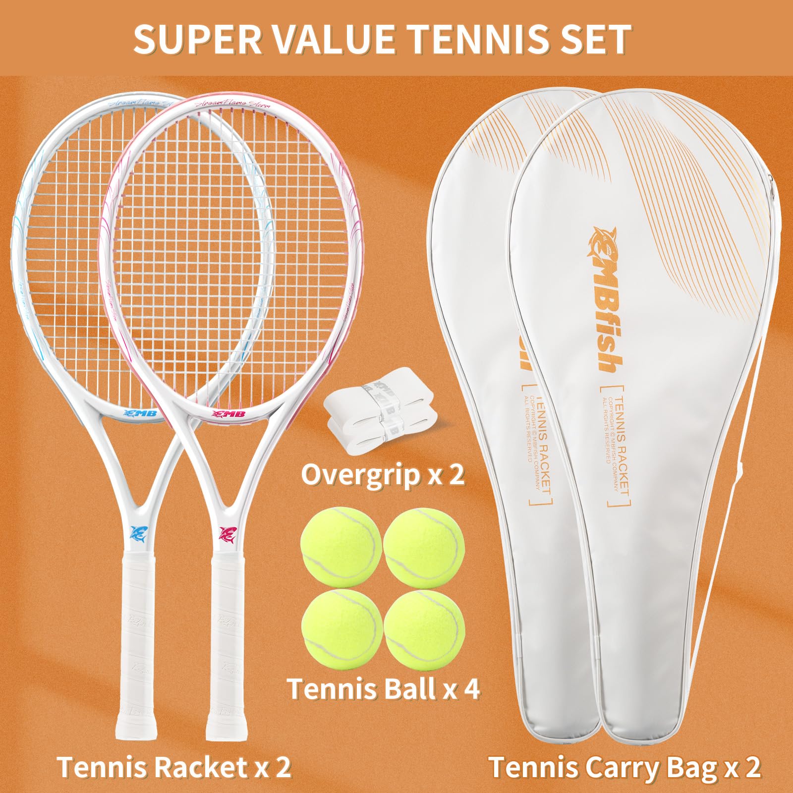 MBFISH Tennis Racket - Super Value Set with Pre-Strung, 27'' Tennis Racquet for Beginner, Comfortable Handle, Includes 4 Tennis Balls, 2 Overgrips and 2 Tennis Bag (Pink Blue)