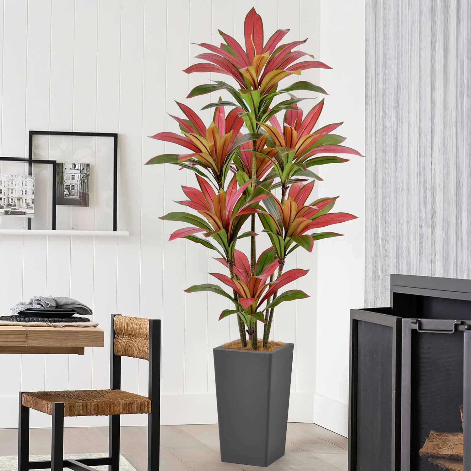 Artificial Red Dracaena Tree 6FT with 114 Leaves & 7 Heads & Gray Tall Planter Cover with Coconut Fiber Tall Faux Tropical Silk Bicolor Plant 72 Inch for Indoor Home Office Porch Mall Decor - Image 9