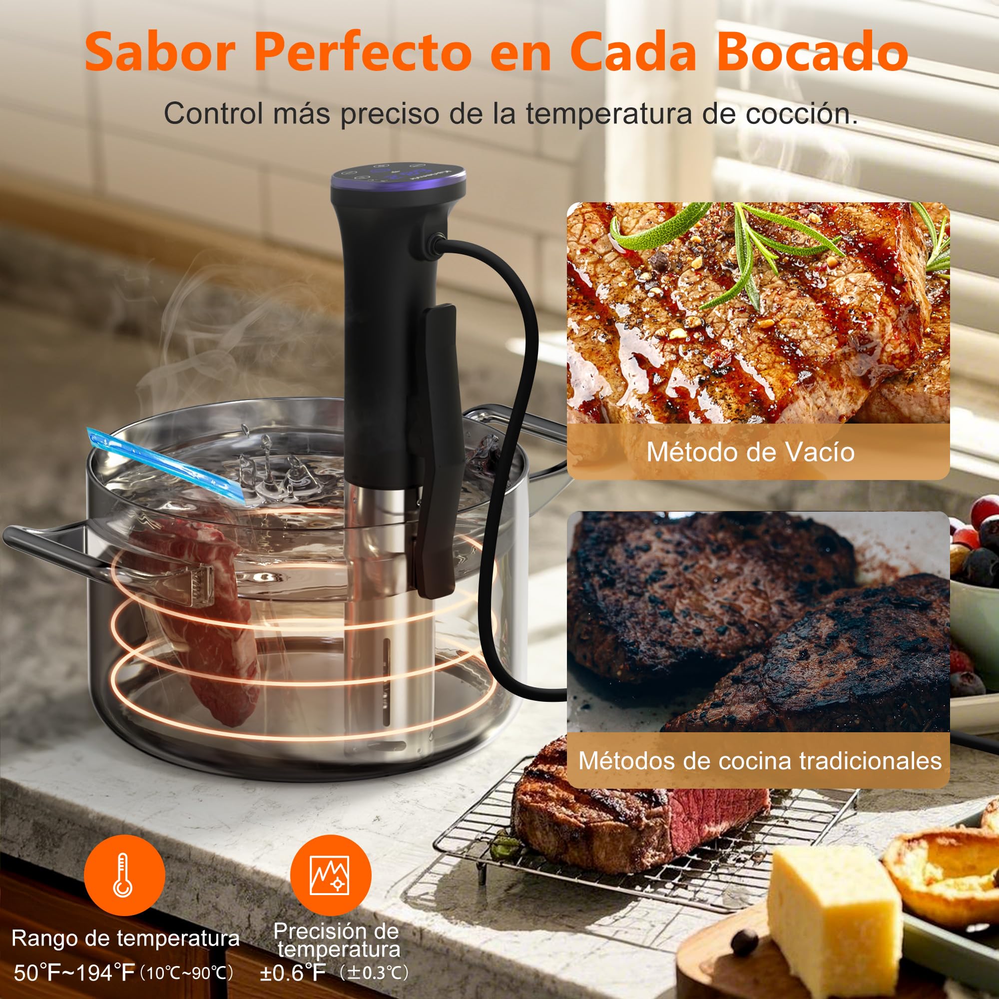 Sous Vide Roner WI-FI 1100W, Circuladores Control de Temperatura de Precisión, Pantalla LED, Función de Temporizador, Inmersión a Prueba de Agua IPX7