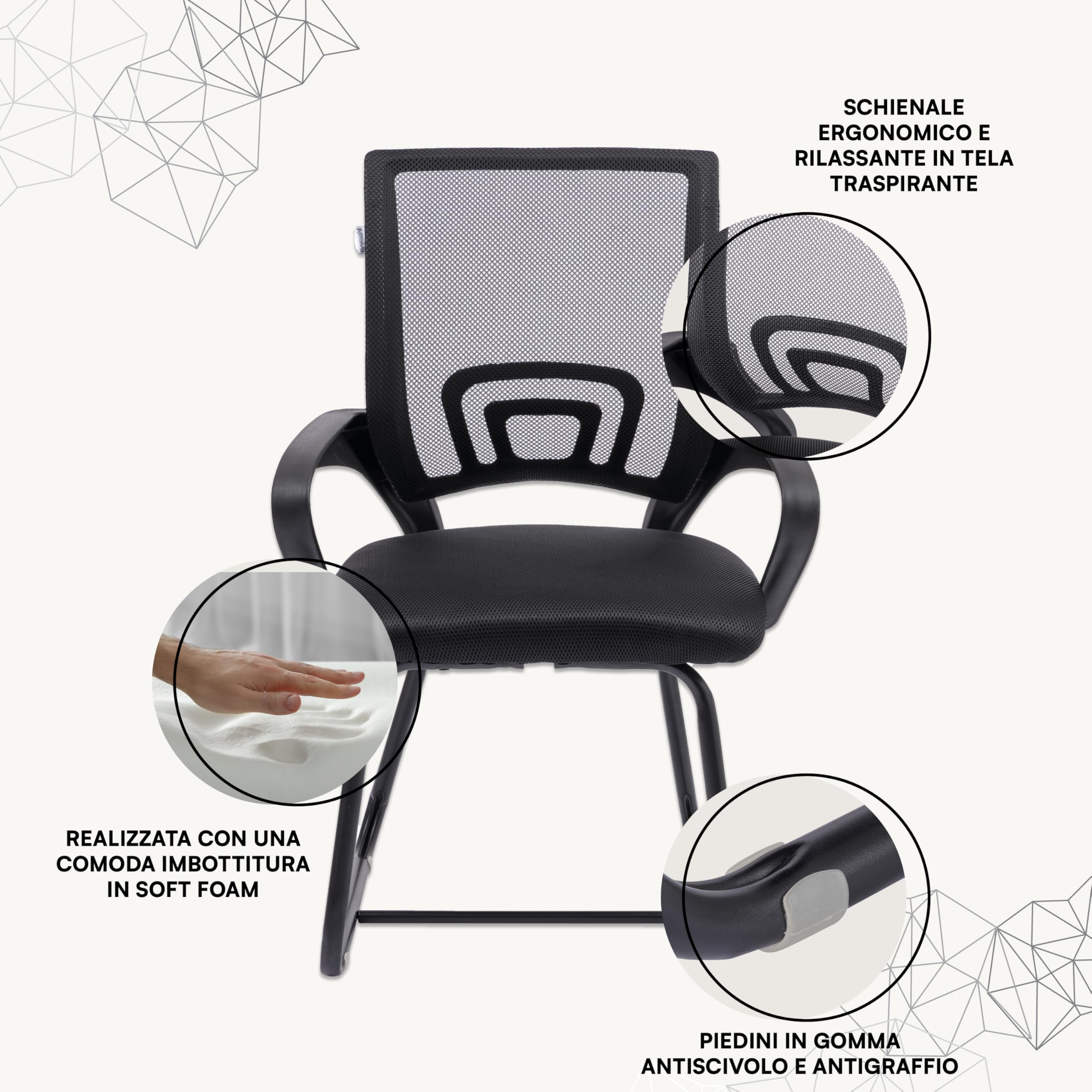Baroni Home Sedia da Ufficio con Braccioli con Schienale Ergonomico in Tela Traspirante, Poltroncina a Sbalzo per Sale d'Attesa e Conferenze, Carico 130 kg, Nera con Gambe Nere, 46x50x88 cm