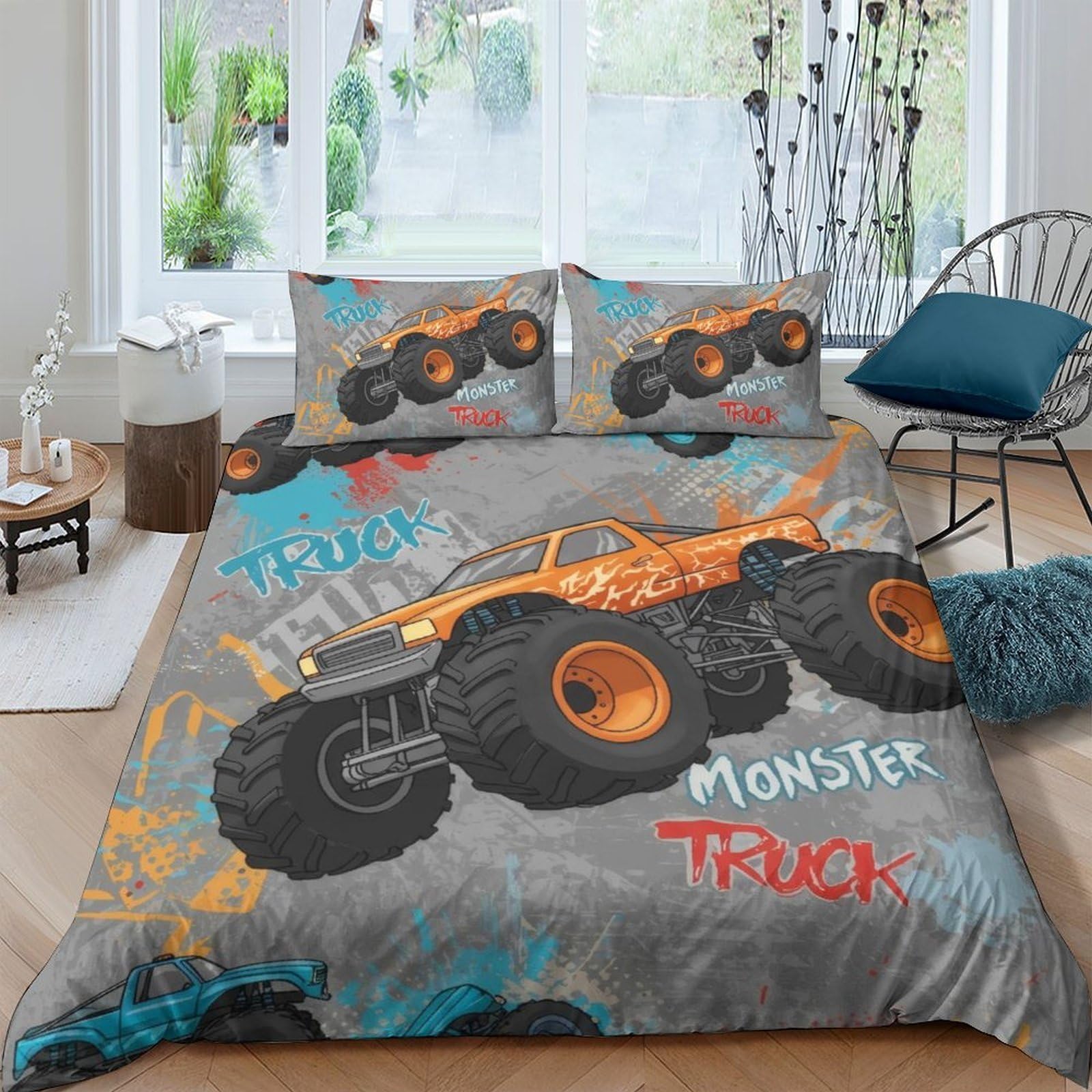 GPLZQXKJNH 3D Printed Orange Monster Truck Duvet Cover Microfiber Soft Breathable Graffiti Bedding Set with 2 Pillowcases for Bedroom Home Single（135x200cm）