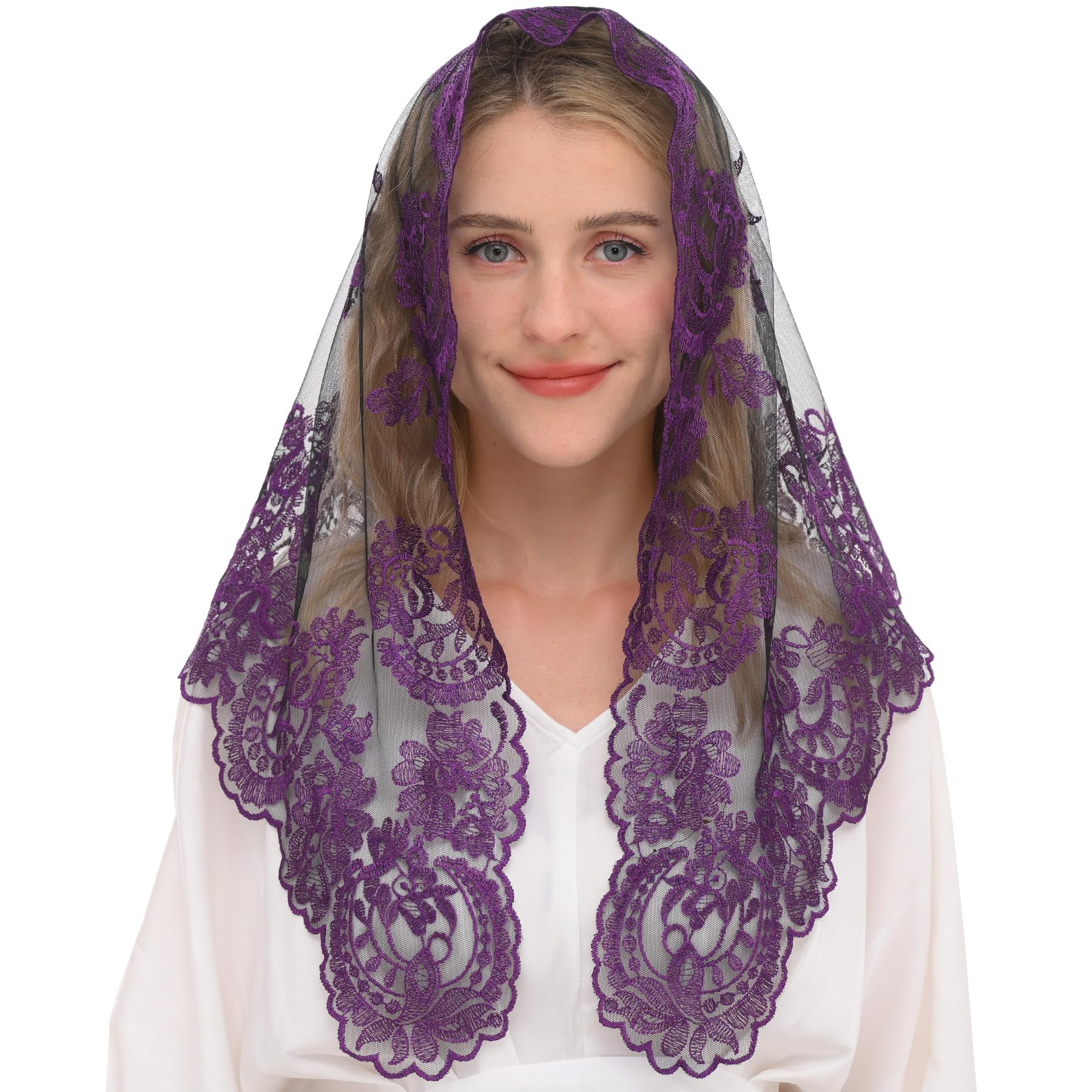 Lace Veil Mantilla Catholic Church Chapel Veil Head Covering Latin Mass, Purple&black, Large