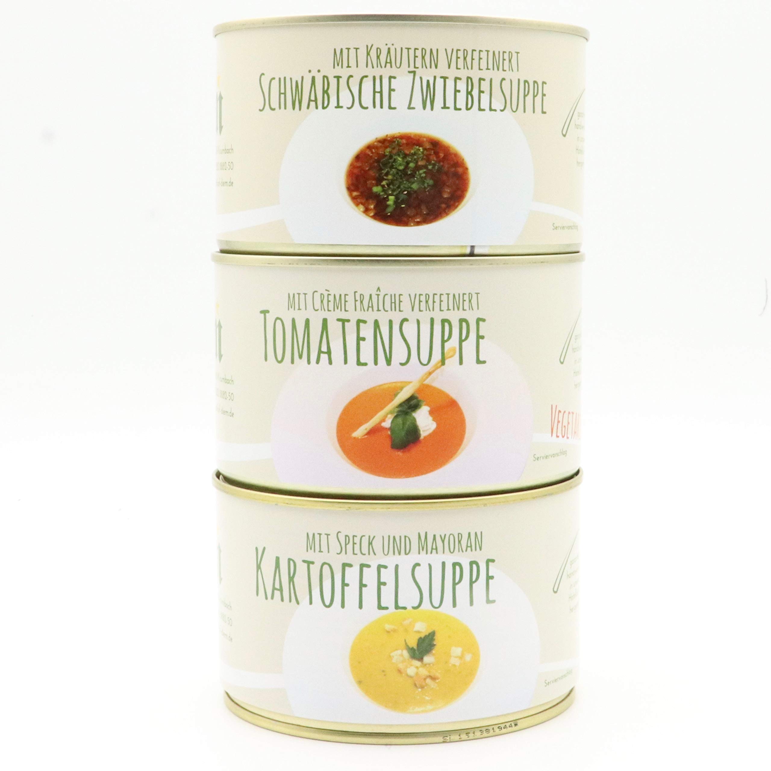 Diem Suppe Paket , Probierpaket - Lieblingssuppe - Apfel Sellerie Suppe, Zwiebelsuppe, Kartoffelsuppe, Karotten Orangen Suppe, Tomatencremesuppe, Gulaschsuppe 6 x 400g Konserve