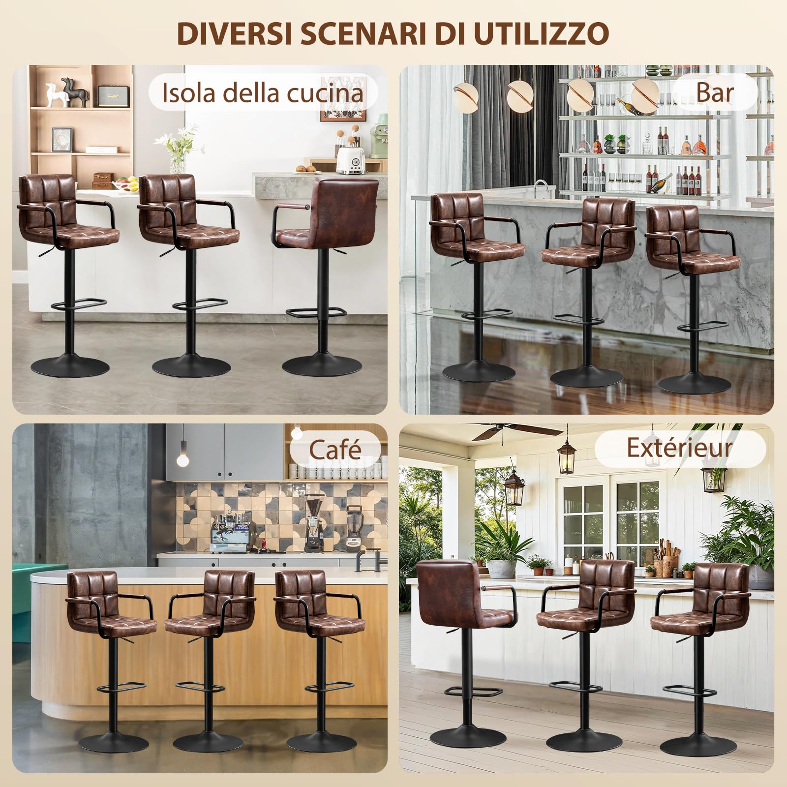Set di 2 Sgabelli da Bar, Sgabelli Cucina Girevole 360°Altezza Regolabile da Penisola, Sgabelli Alto in Similpelle con Schienale, Bracciolo, Poggiapiedi per Bar Cucina Ristorante, Marrone scuro