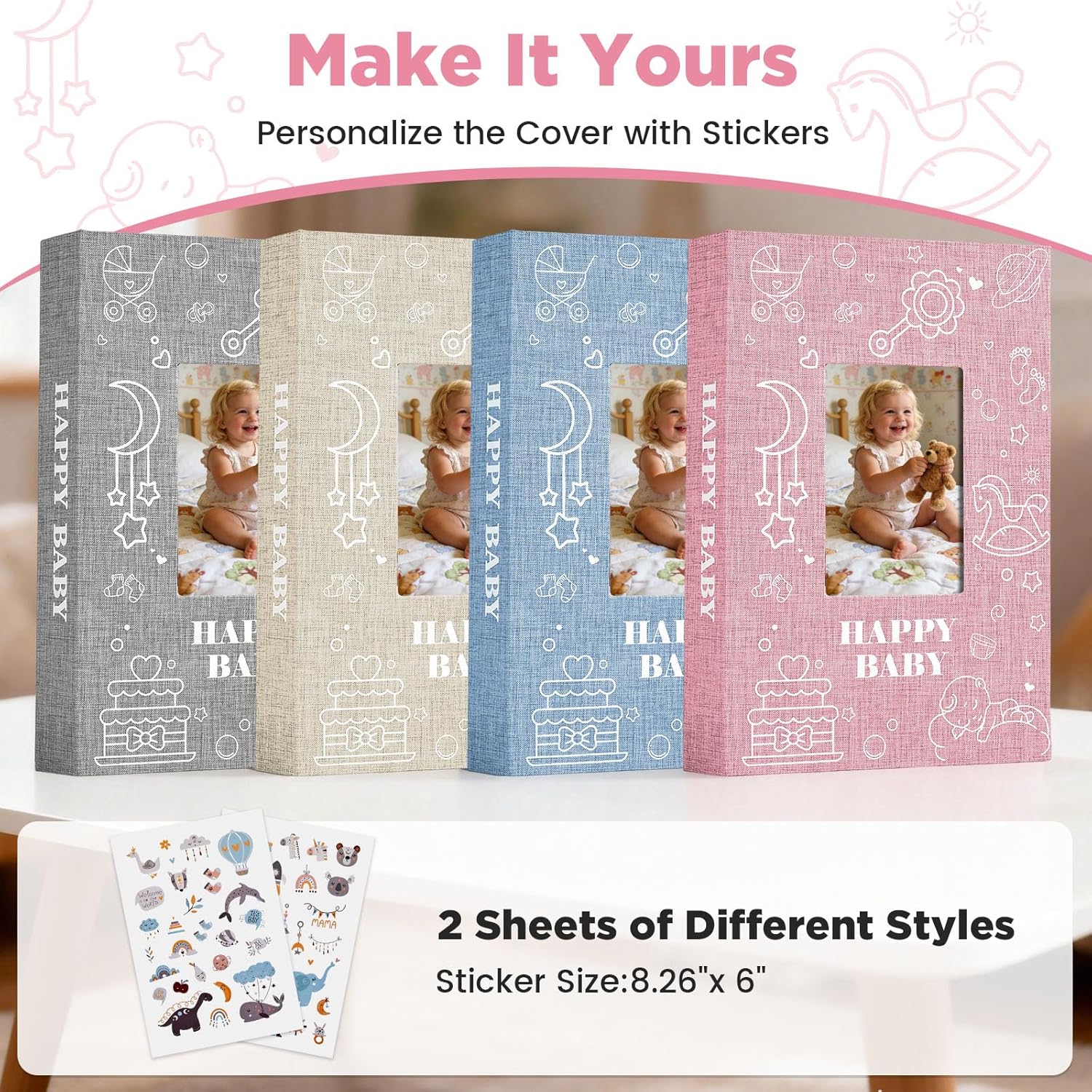 Baby Photo Album 4x6 300 Pockets with Memo Area, Photo Stickers & Hand and Footprint Kit, Linen Cover Baby Memory Book with Front Window, First Year Keepsake for Newborn Boy Girl