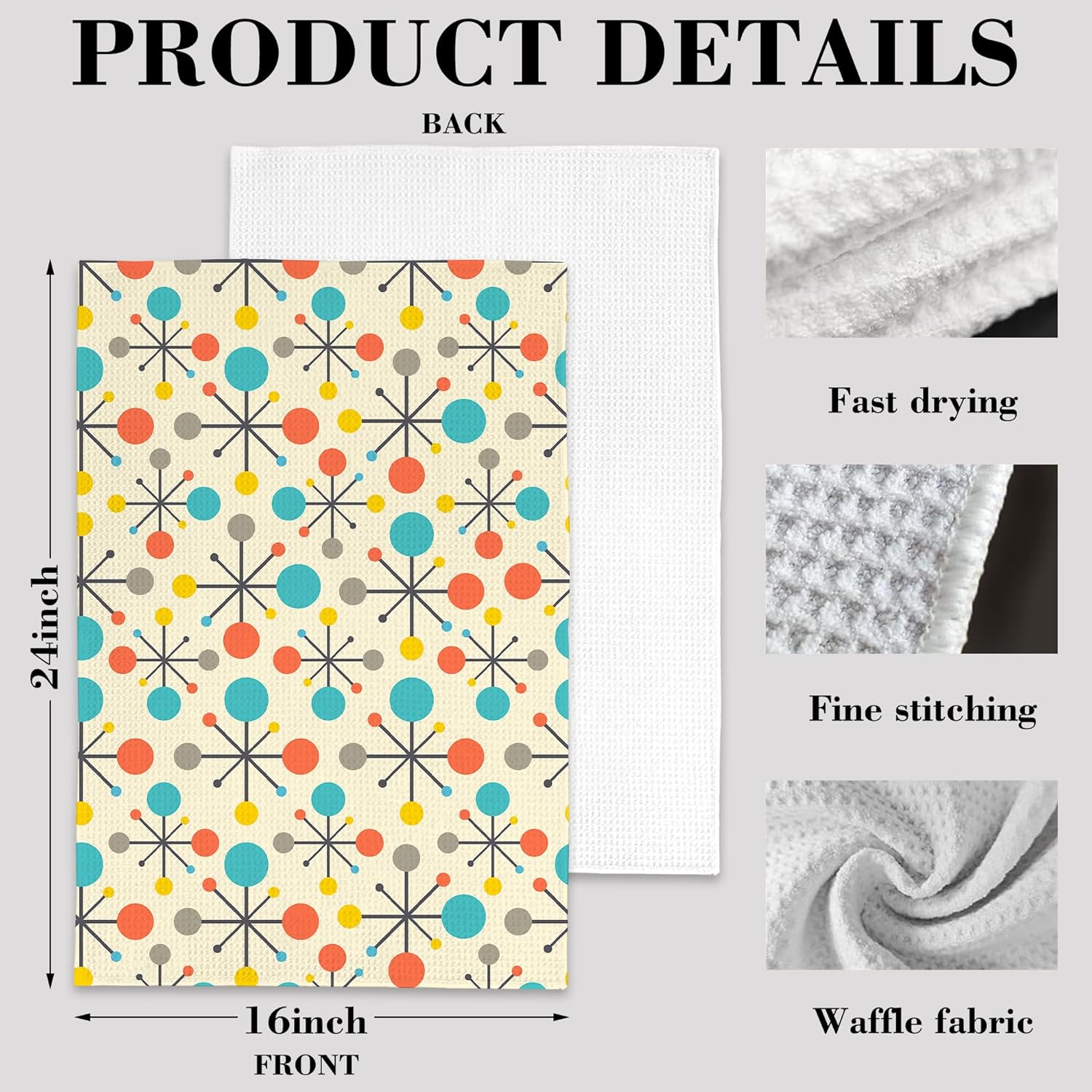 Mid Century Fifties Modern Atomic Retro Colors Kitchen Towels Set of 2,Quick Dry Microfiber Cloth Dish Towel Drying Hand Towels for Kitchen Gifts for Women Men 16" x 24" - Image 2