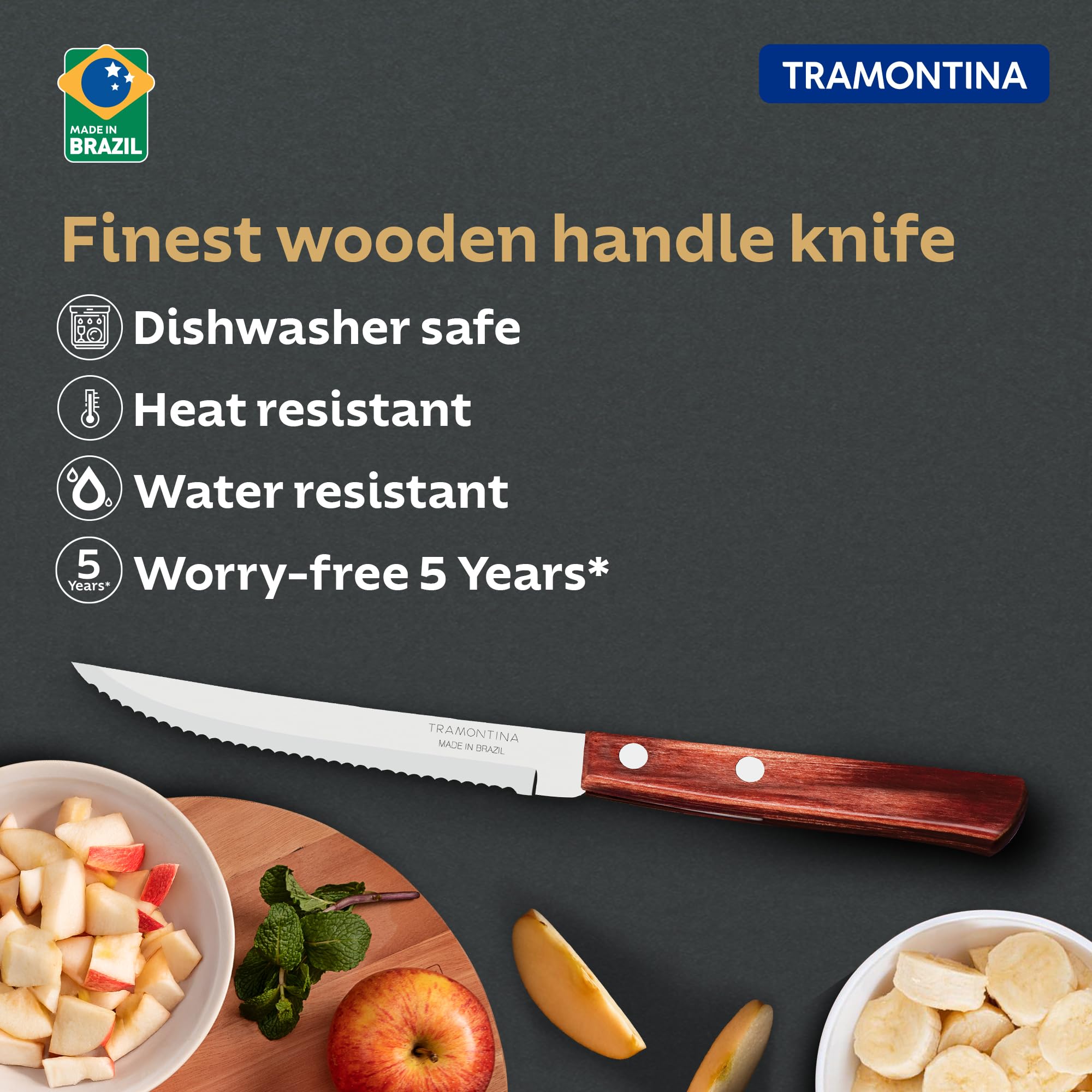 TRAMONTINA Polywood 10.1cm /4" Fruit Knife | Wavy/Serrated Edge | Treated Wooden Handle | Impact Resistant | Heat Resistant | Stainless Steel Blade Kitchen Knife for Fruits | 5 Year Warranty 2