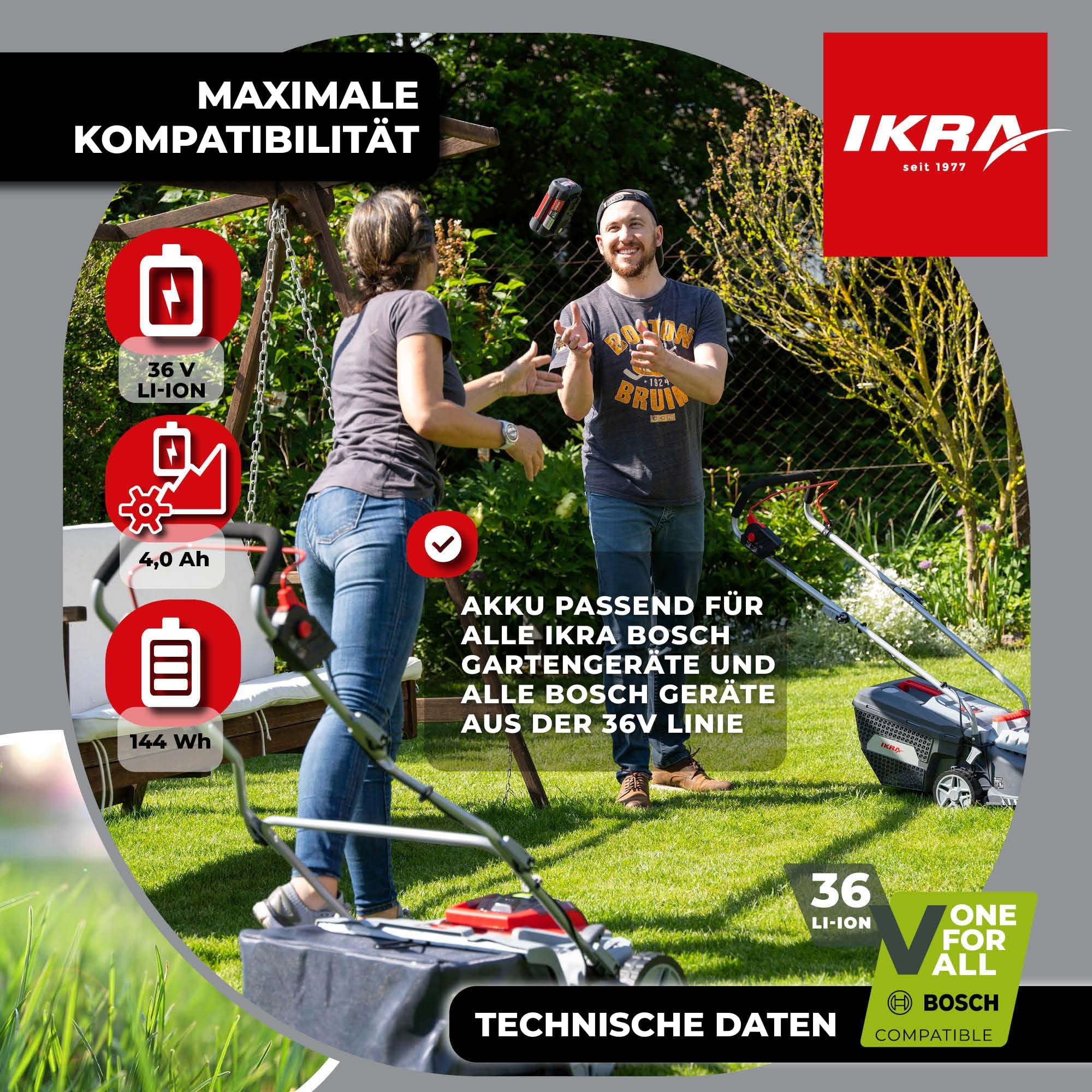 IKRA 36 Volt 4,0Ah Li-Ion Akku Ersatzakku Typ LI 28, Powered by Bosch | Made in Europe, mit Bosch COOLPACK-Technologie, LED-Anzeige, 144Wh, kompatibel mit Bosch 36V Geräten