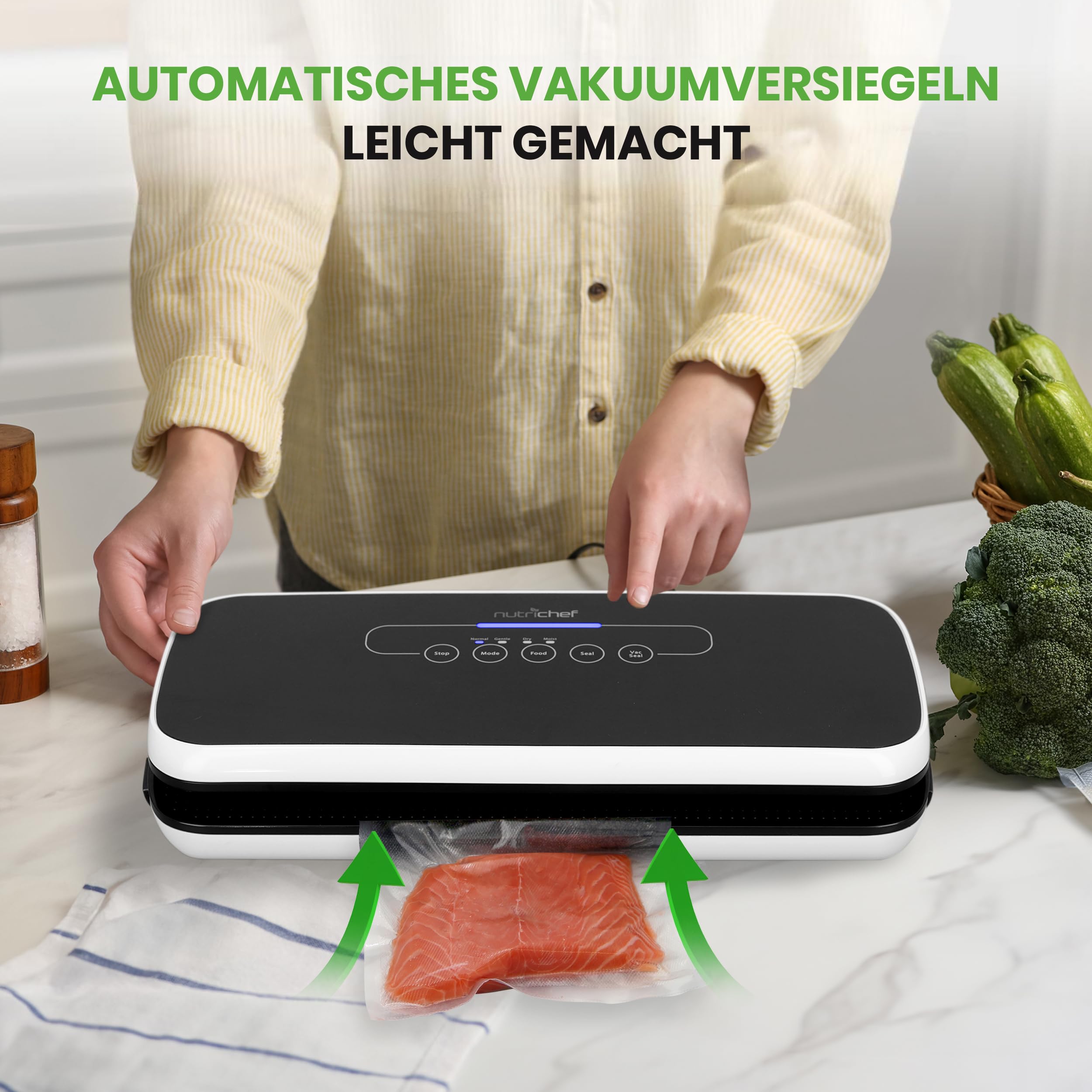 NutriChef Vakuumiergerät für Lebensmittel, Sous Vide – Vacuum Sealer – Folienschweißgerät Set inkl. Versiegelungsgerät Weinverschluss, Vakuumierer Luftsaugschlauch, 5 Vakuumbeutel & 1 Seal Vakuumrolle