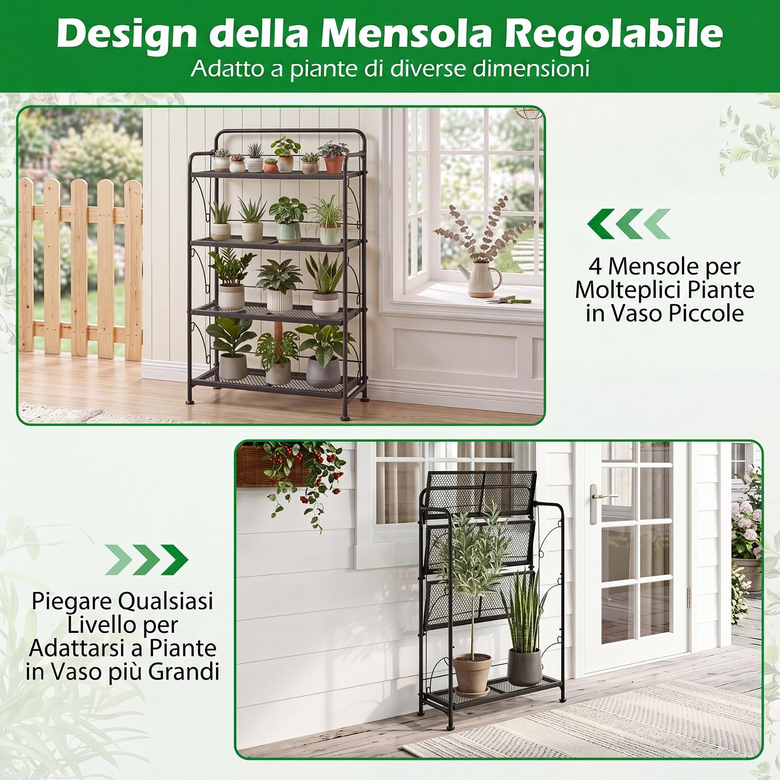 COSTWAY Scaffale Portafiori in Metallo, Scaffale per Piante Verticale con 4 Ripiani Pieghevoli, Espositore Multiuso da Interno ed Esterno, per Giardino, Terrazza e Balcone, 60 x 25 x 100 cm