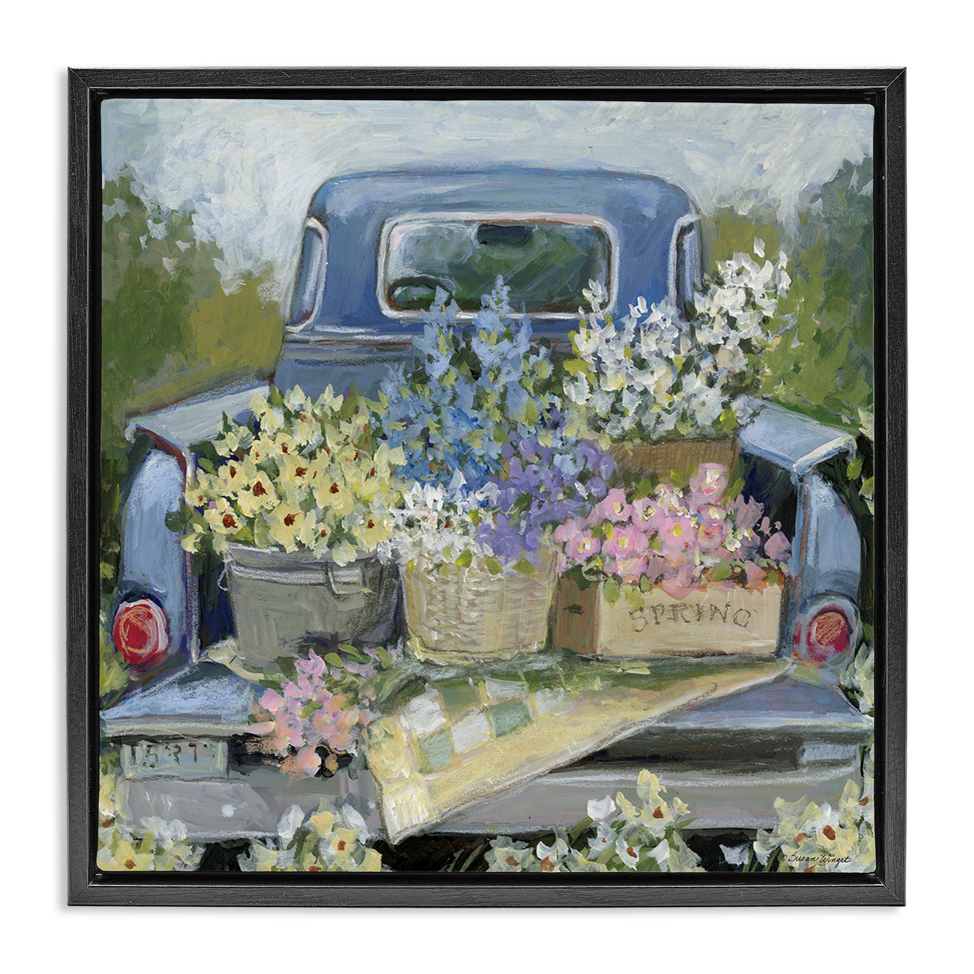 Stupell Industries Jet Black (Matte) 'Truck Bed With Flowers', Floating Frame Canvas Art, Black, 18 X 18 Inches, Easy To Hang And Sturdy, Made In Usa, By Susan Winget