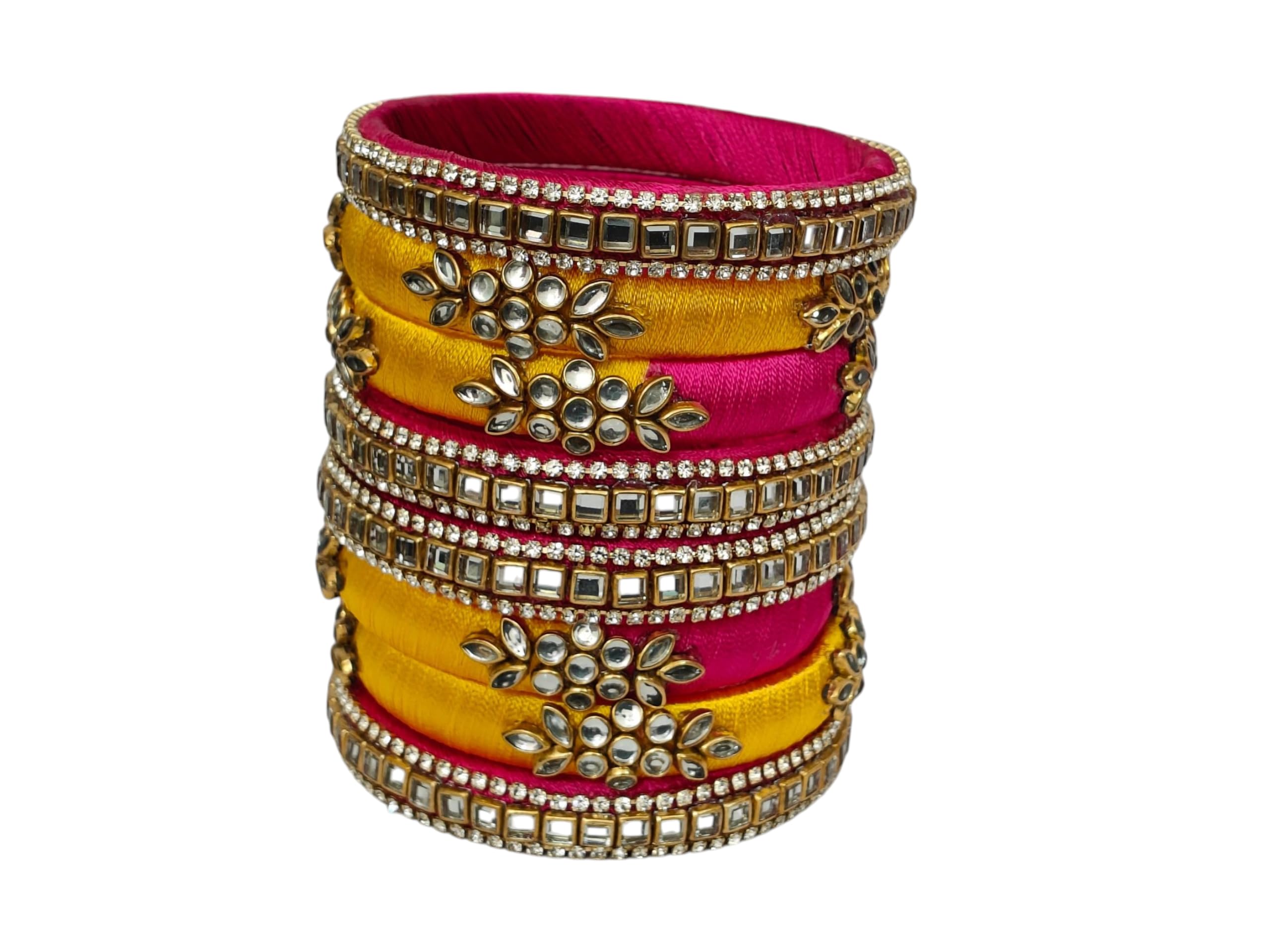 Rajshyama Handicrafts Kundan Work Silk Thread Bangle Kada For Women Girls 8 PC Set Wedding & Festive Occasion Handmade Multicolored Stone Studded Bangles