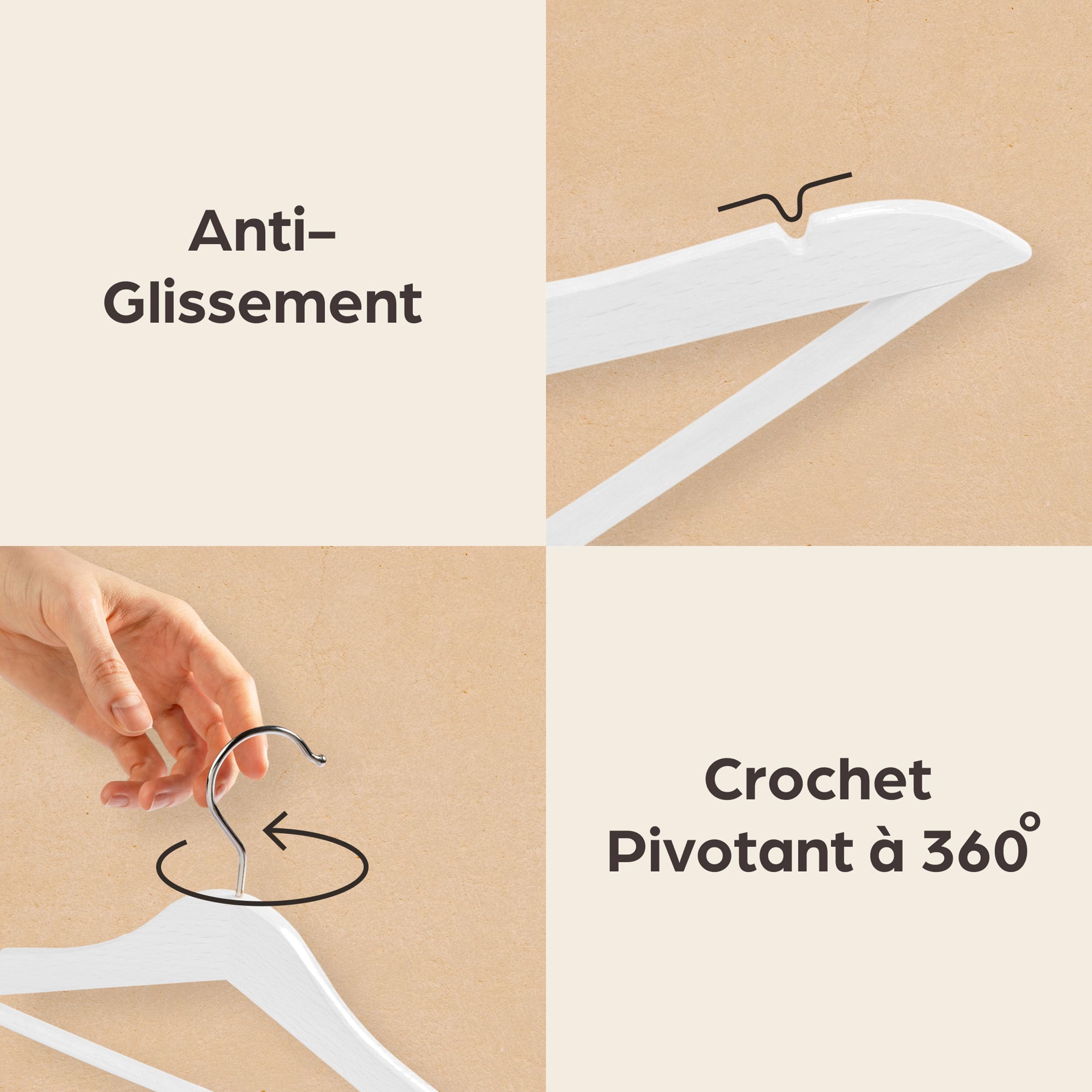 Praknu 20 Cintres en Bois Blanc - Crochet Pivotant à 360° - Encoches sur Les épaules - avec Barre Pantalon - Bois Massif Certifié FSC