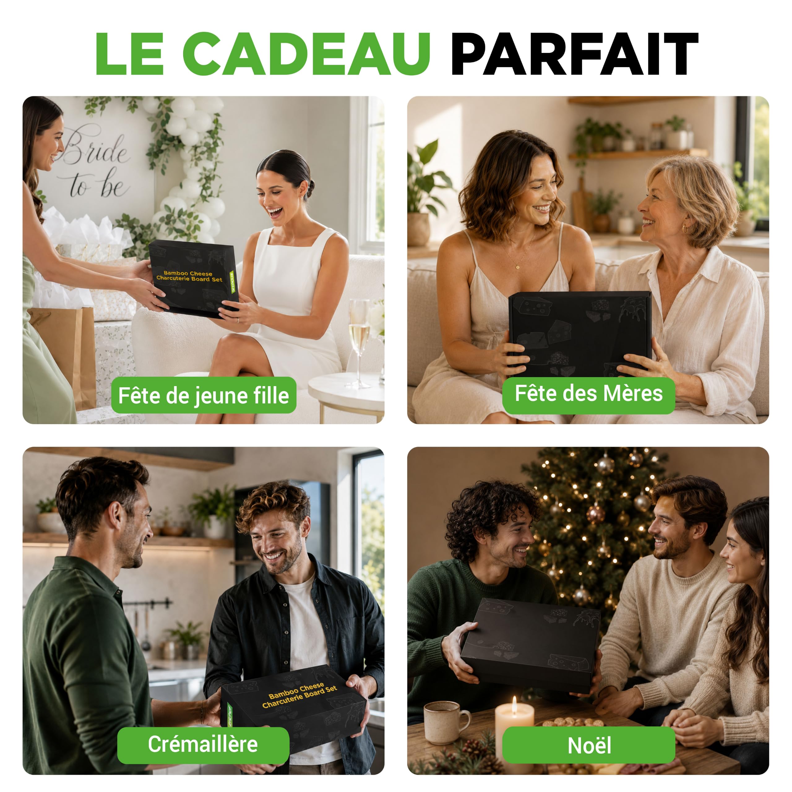 NutriChef Plateau à Fromage Bambou – Planche Apéro XL, 6 Couteaux Inox Bois