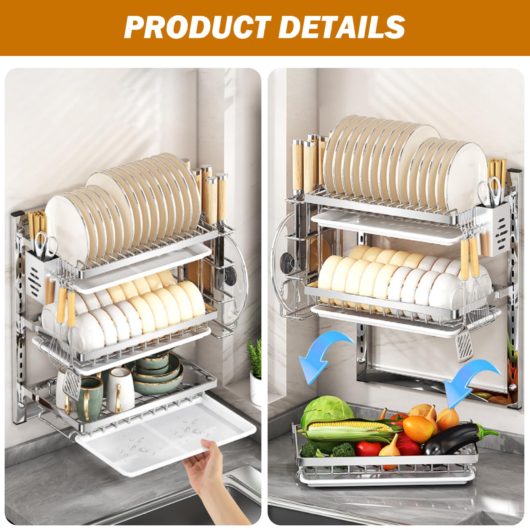 Escurridor de platos colgante de pared de 3 niveles con ganchos para escurridor y soporte para cubiertos, espacio ajustable y no necesita taladrar