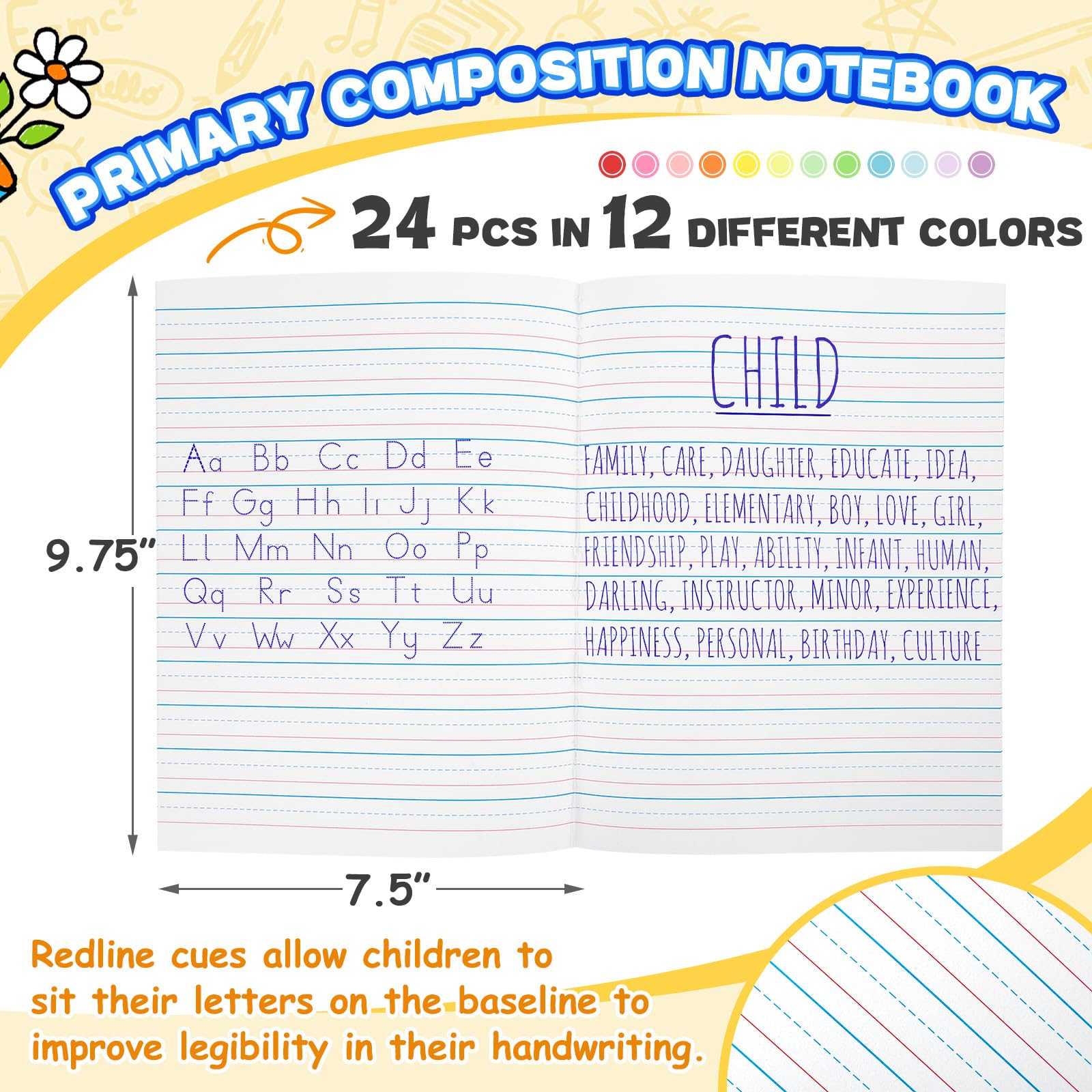 Henoyso 24 quaderni per composizione primaria K-2 Bulk 9. 190,5 x 7. Diario da 127 cm, diario di scrittura da 60 pagine per bambini, a righe, 3 righe, per scuola materna, forniture per pratica di