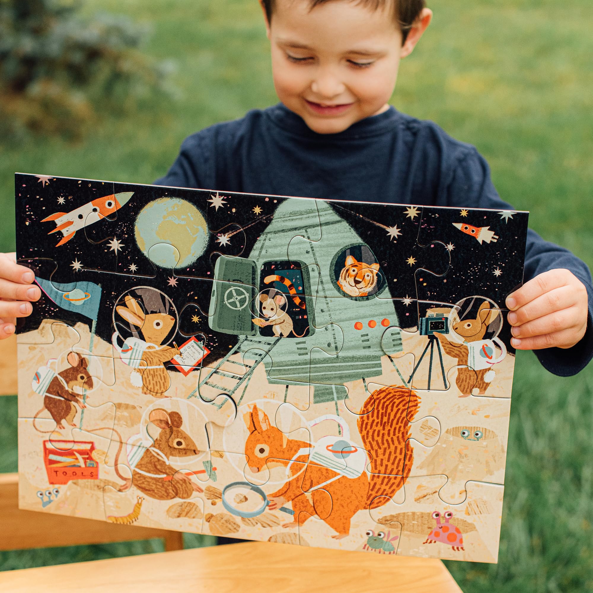 eeBoo: Space Exploration – 20-teiliges Puzzle – 15 x 11 Kinder-Puzzle, übergroße glänzende Teile, Tiere auf dem Mond, Vorschulpuzzle, ab 3 Jahren