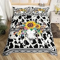 Vista 13 de Erosebridal Funda de edredón de piel de vaca marrón con estampado de vaca de las tierras altas, juego de ropa de cama occidental exótico azteca