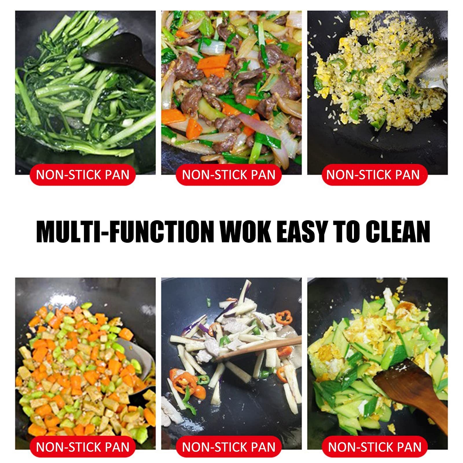 AIZYR Wok De Hierro De Fondo Plano para El Hogar con Mango De Madera Y Tapa De Vidrio para Estufas Eléctricas, De Inducción Y De Gas,42cm