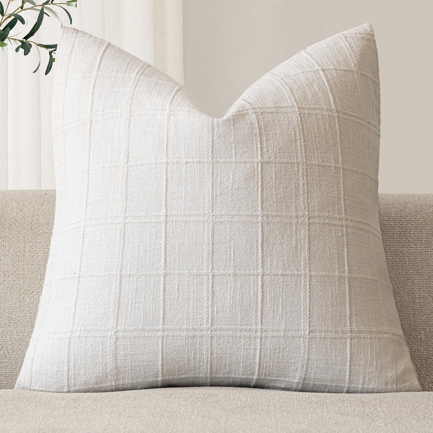 Foindtower Set of 1 Decorative Linen Check Throw Pillow Cover Neutral Farmhouse Vintage Cushion Cover Modern Boho Home Decor for Sofa Chair Couch Bedroom Living Room,26×26 Inch,Cream White