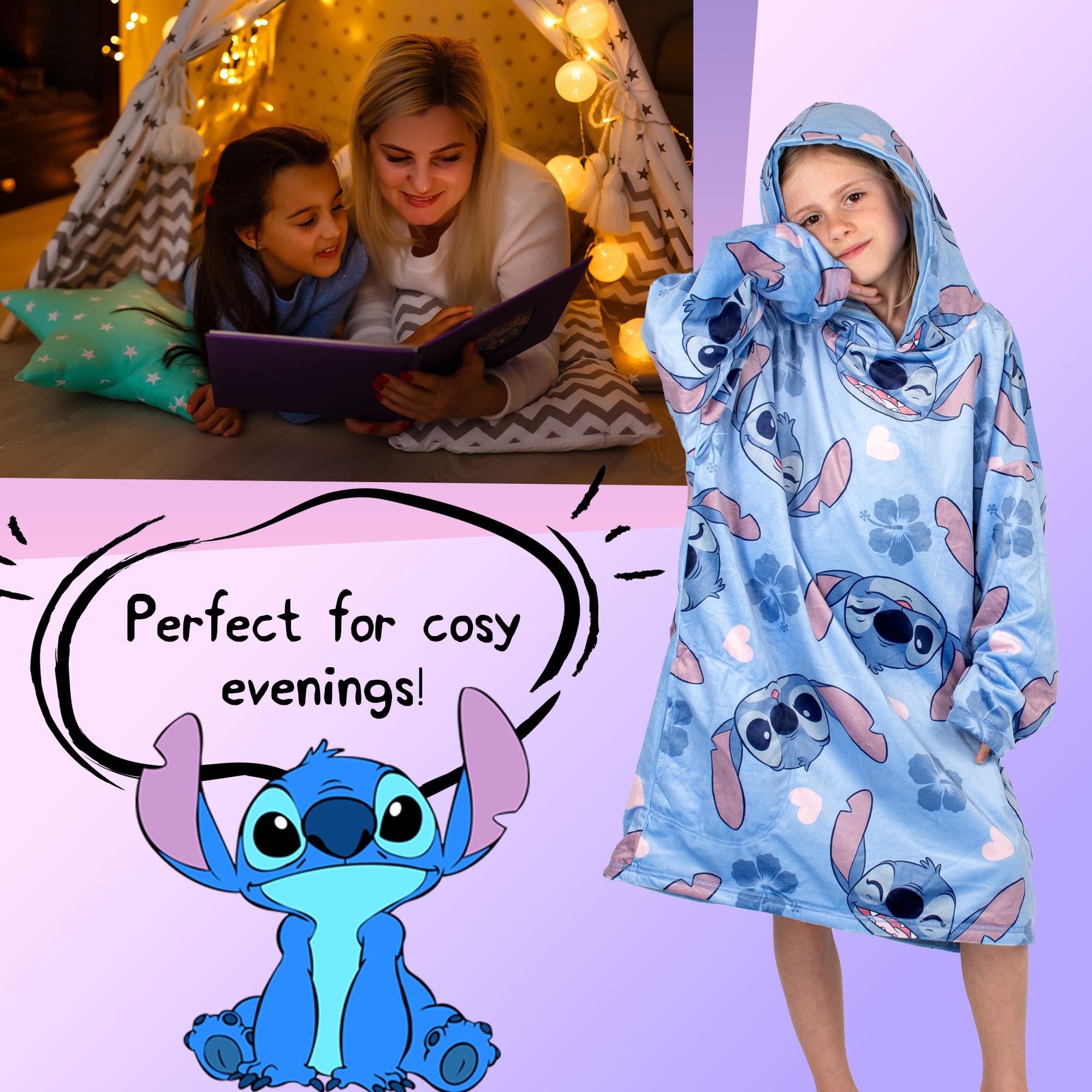 Disney Stitch - Manta reversible con capucha de gran tamaño para niños, súper suave, de doble cara, forro polar, regalo para niñas, talla única, color azul
