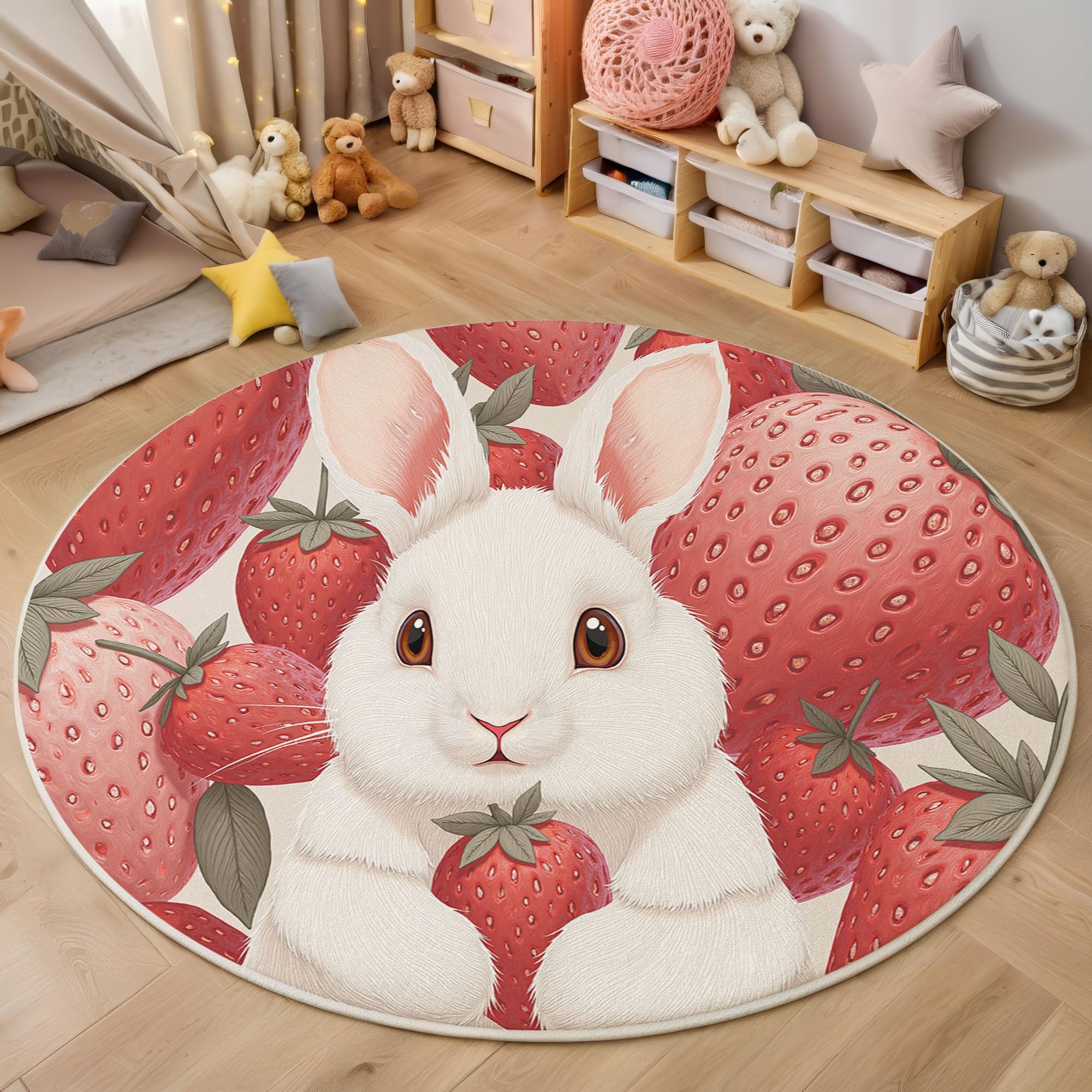 Tapis rond à poils courts antidérapant 100 cm motif dessin animé lapin