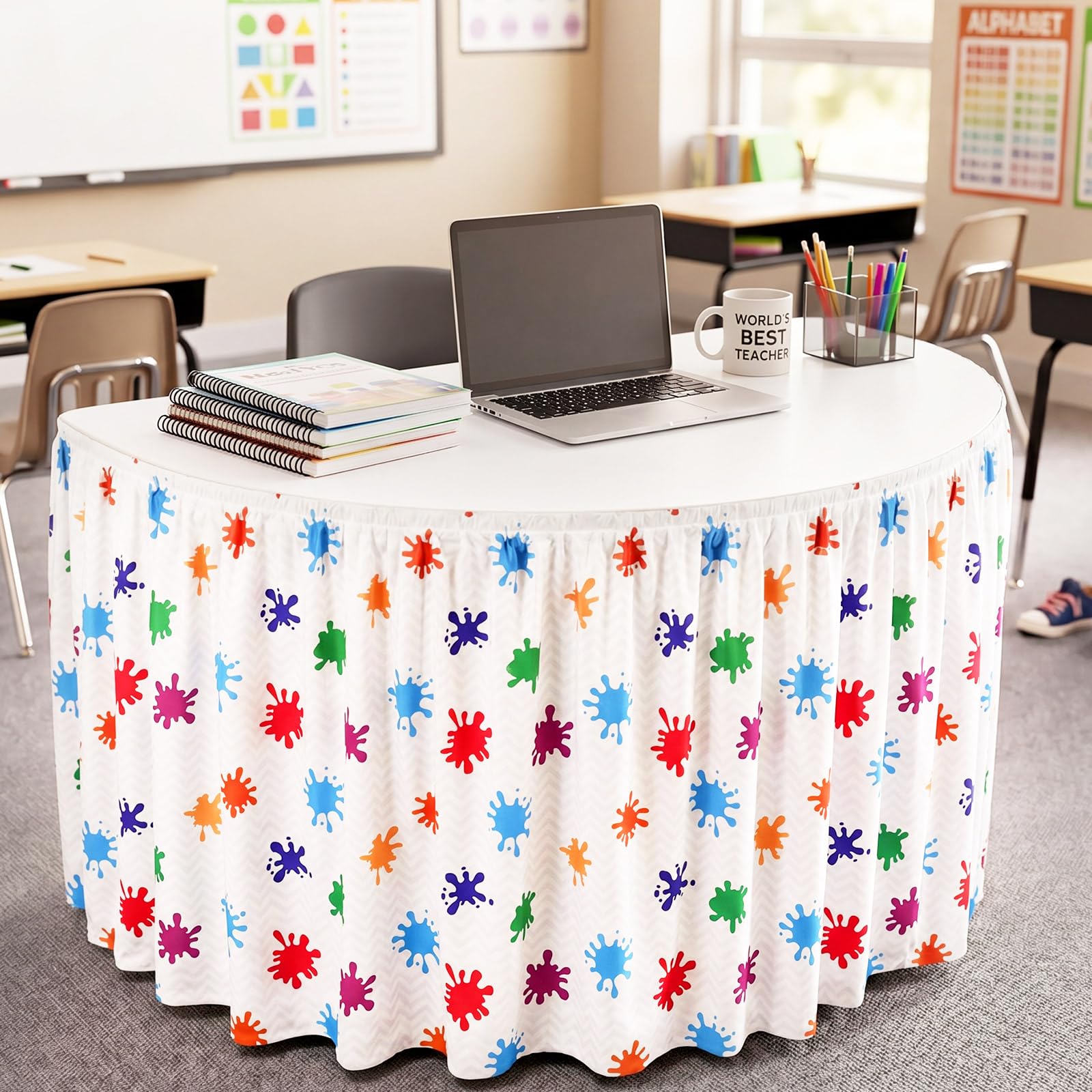 Oudain 14 ft Art Painting Table Skirt for Teacher Desk | Wrinkle Art Painting Table Cover Skirt for Kindergarten Classroom Kidney Shaped Desk Back to School Supplies