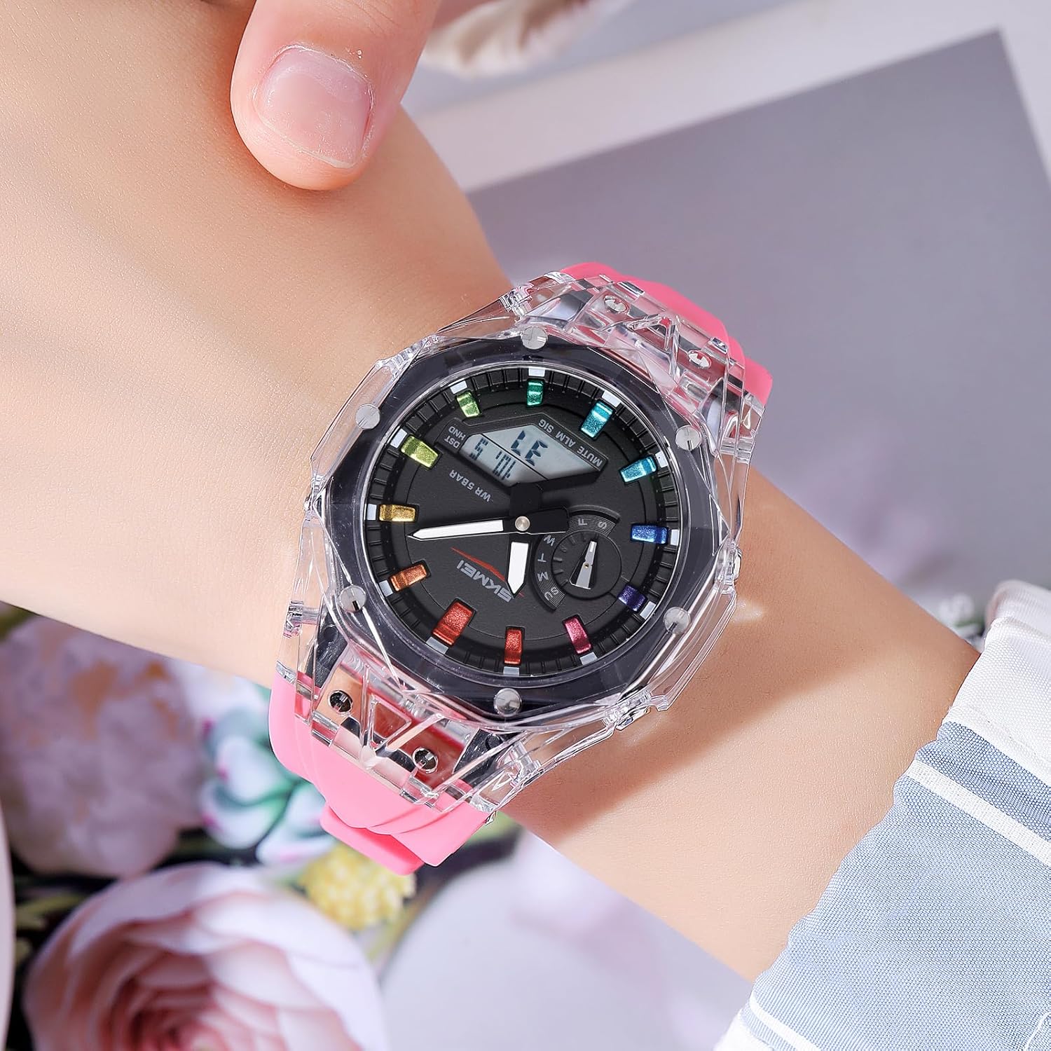 Unisex Analog Digital Transparent Outdoor Sports Watch Military Tactics Multi Function LED Electronic Large Waterproof Watch Candy Color Student Wrist Watch