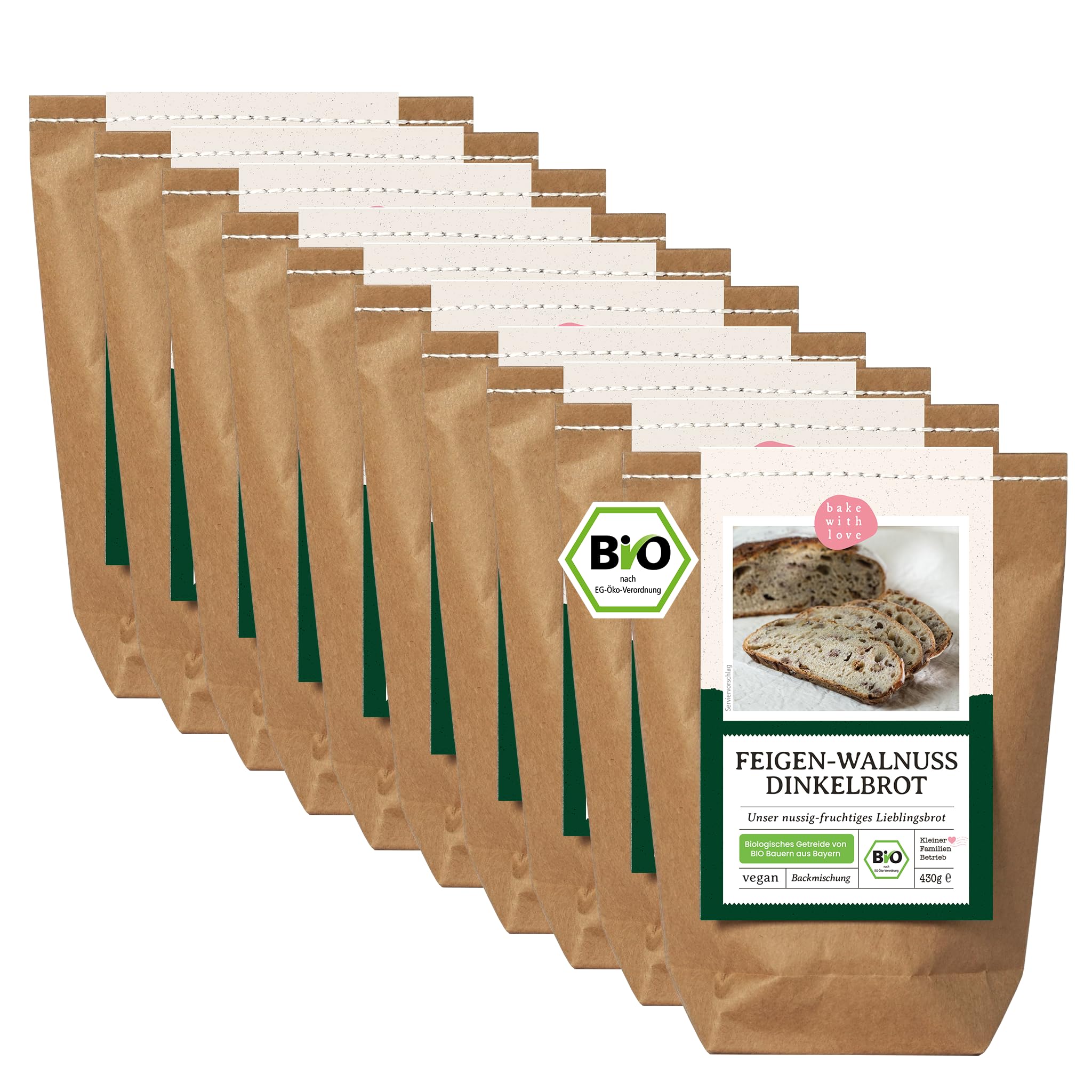 Bio Dinkelbrot Backmischung Feige Walnuss – 100 % Dinkel, ohne Weizen – fruchtig-nussiges Brot mit Walnüssen für Brotbackautomat & Ofen – Bake with Love - 10er Pack