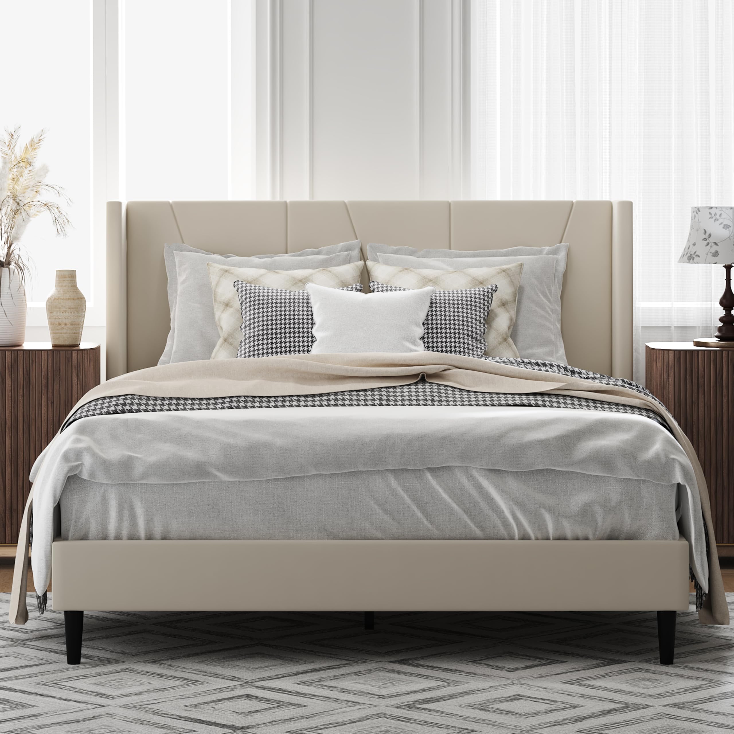 Full Size Upholstered Platform Bed, Full Frame with Tufted Headboard, Sturdy Frame Wooden Slats, No Spring Mattress Required, Noiseless, Easy to Assemble, Beige