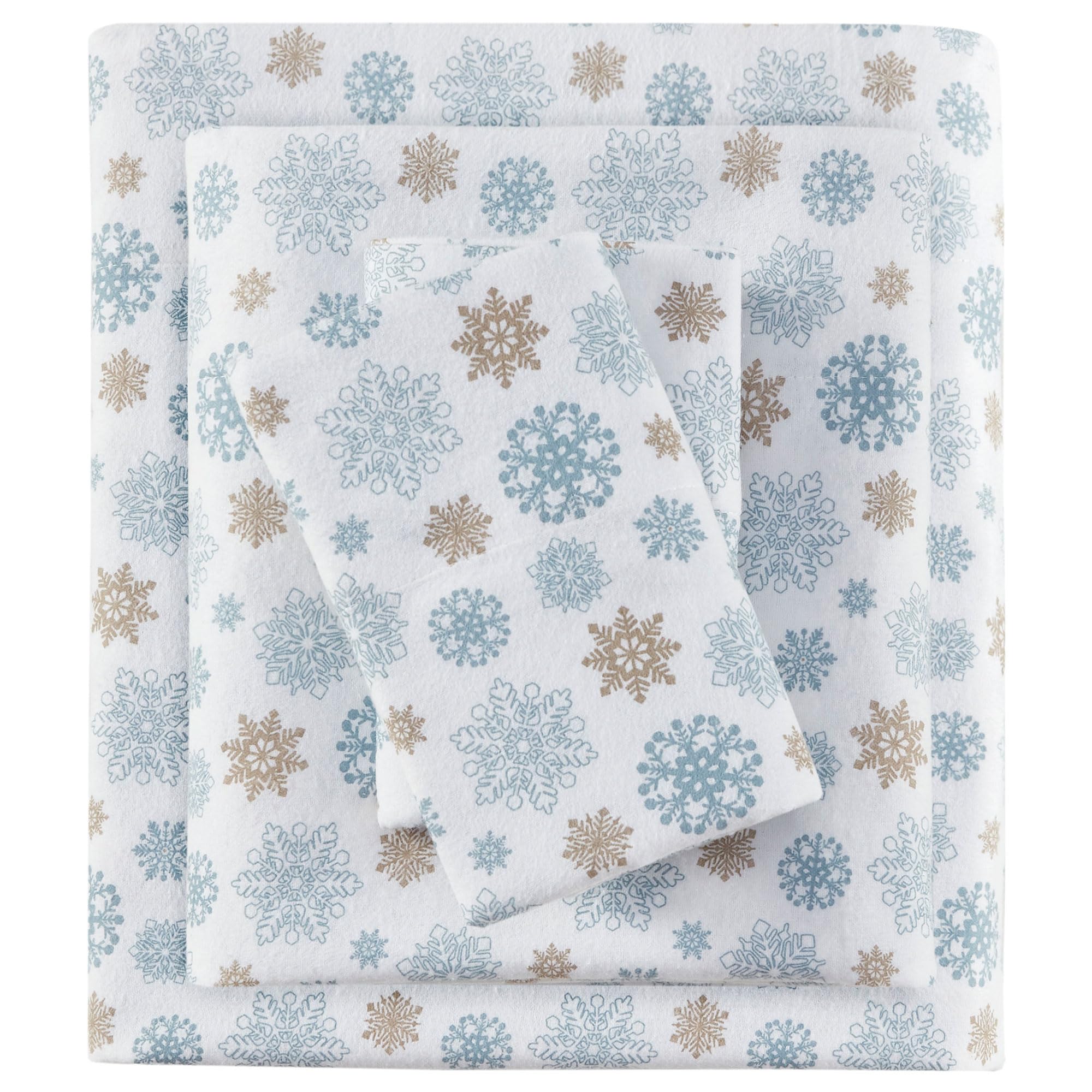 Sleep Philosophy True North Cozy Flannel Warm 100% Cotton Sheet - Novelty Print Animals Stars Cute Ultra Soft Cold Weather Bedding Set, King, Tan/Blue Snowflakes 4 Piece — image 1