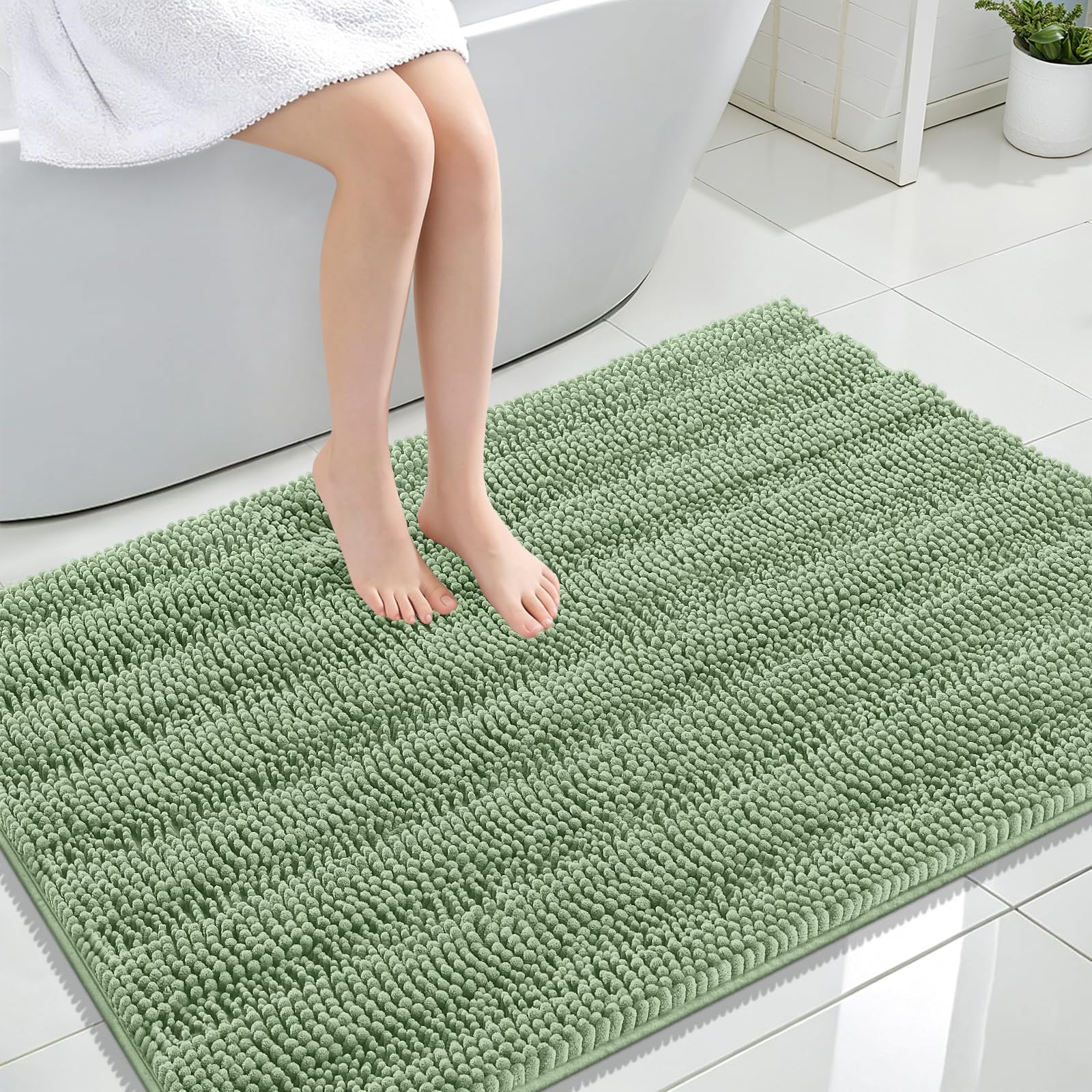 OLANLY Thick Large Bathroom Rugs 44x32, Chenille Bath Rugs, Sage Green